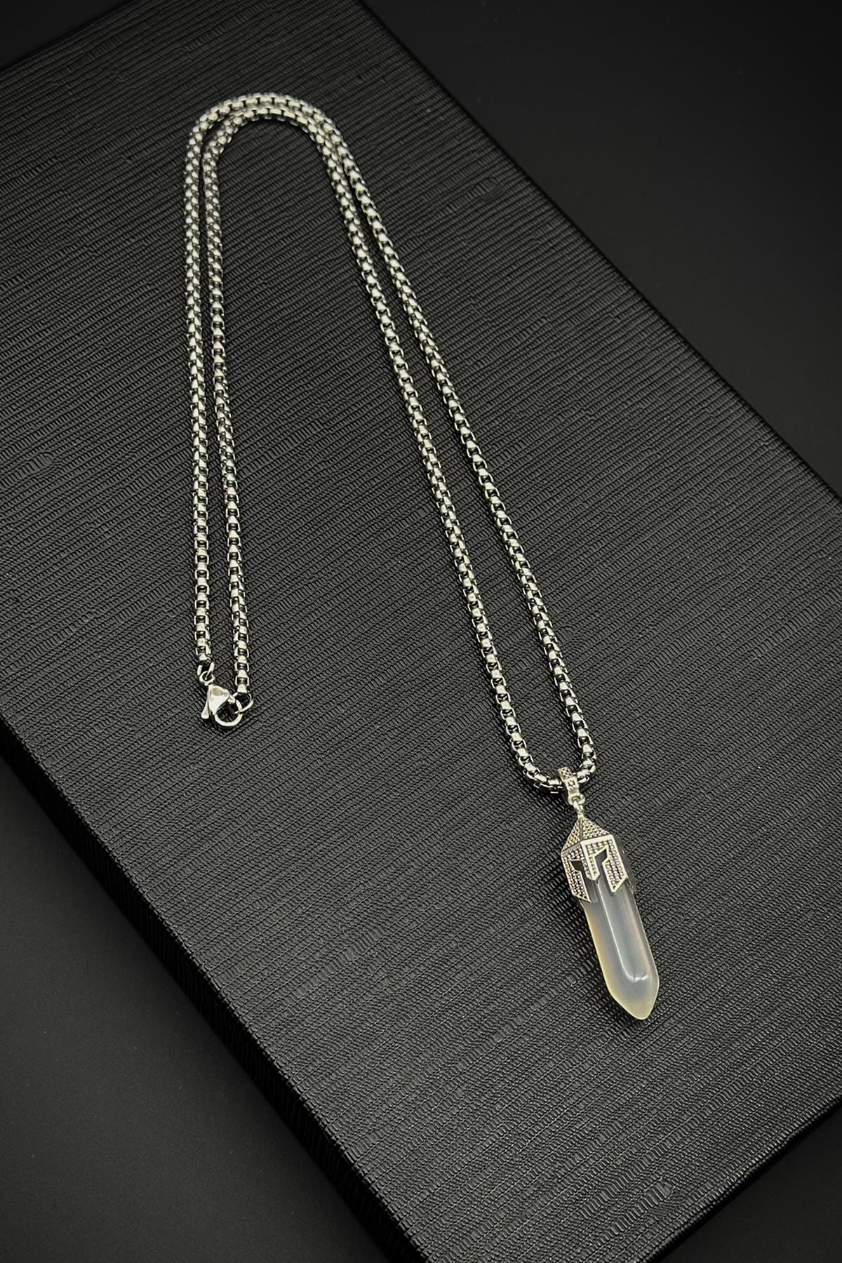 FRNCH 316L Çelik Spartan Model Akik Doğal Taşlı Beyaz Renk Erkek Kolye FRJ30713-813-B