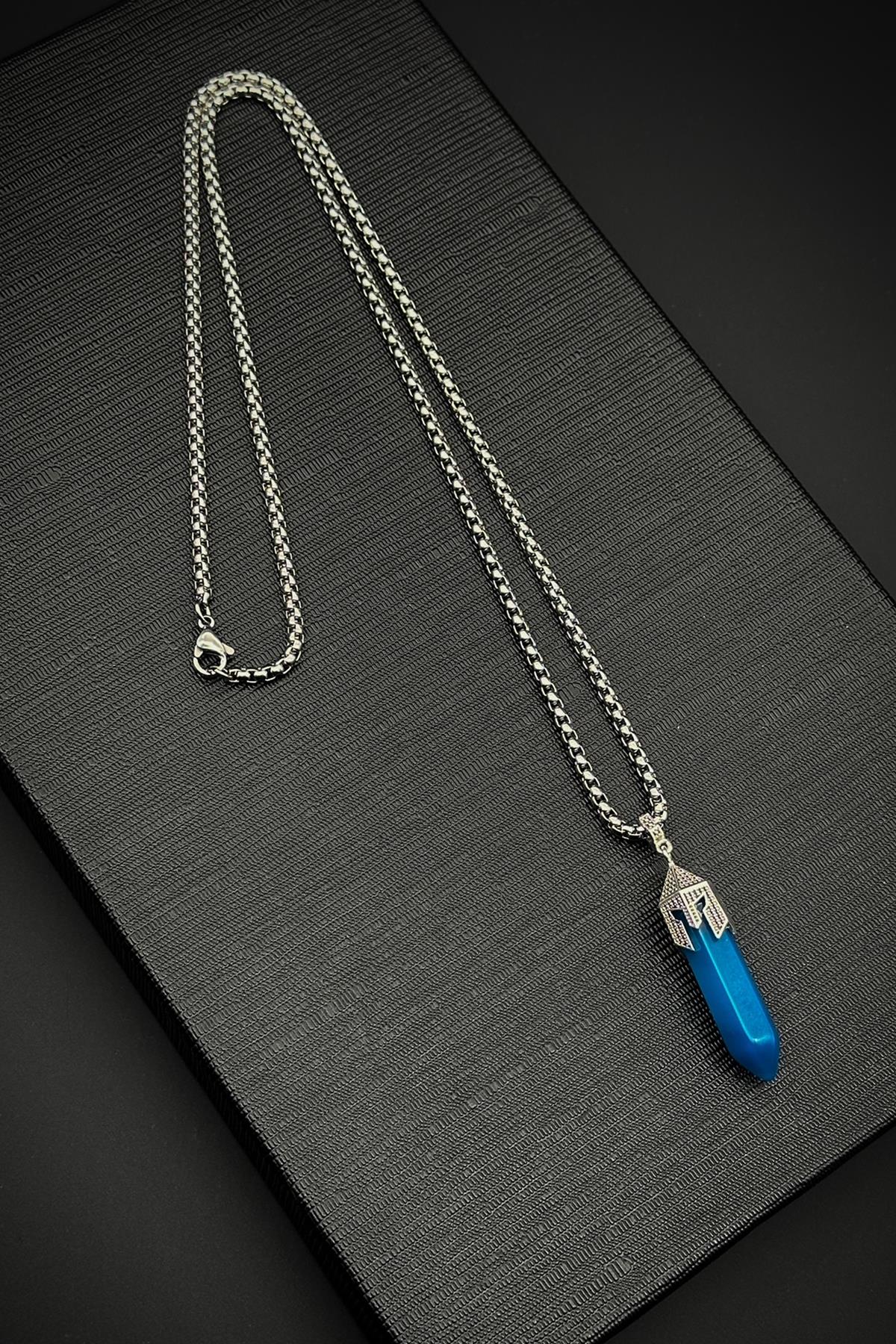 FRNCH 316L Çelik Spartan Model Akik Doğal Taşlı Mavi Renk Erkek Kolye FRJ30713-813-M