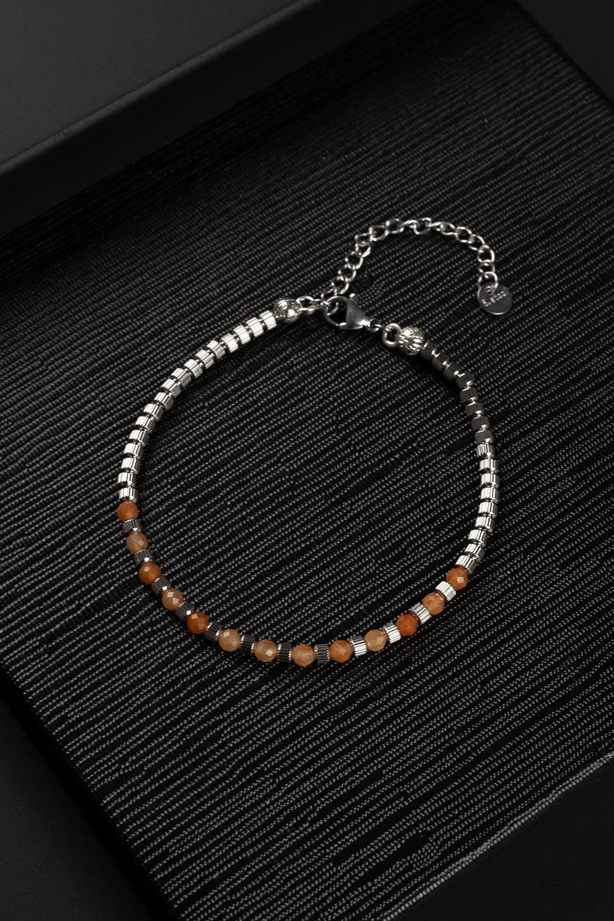 FRNCH 316L Çelik ve 3 MM Akik Doğal Taşlı Kahverengi Renk Erkek Bileklik FRJ12394-3394-K2