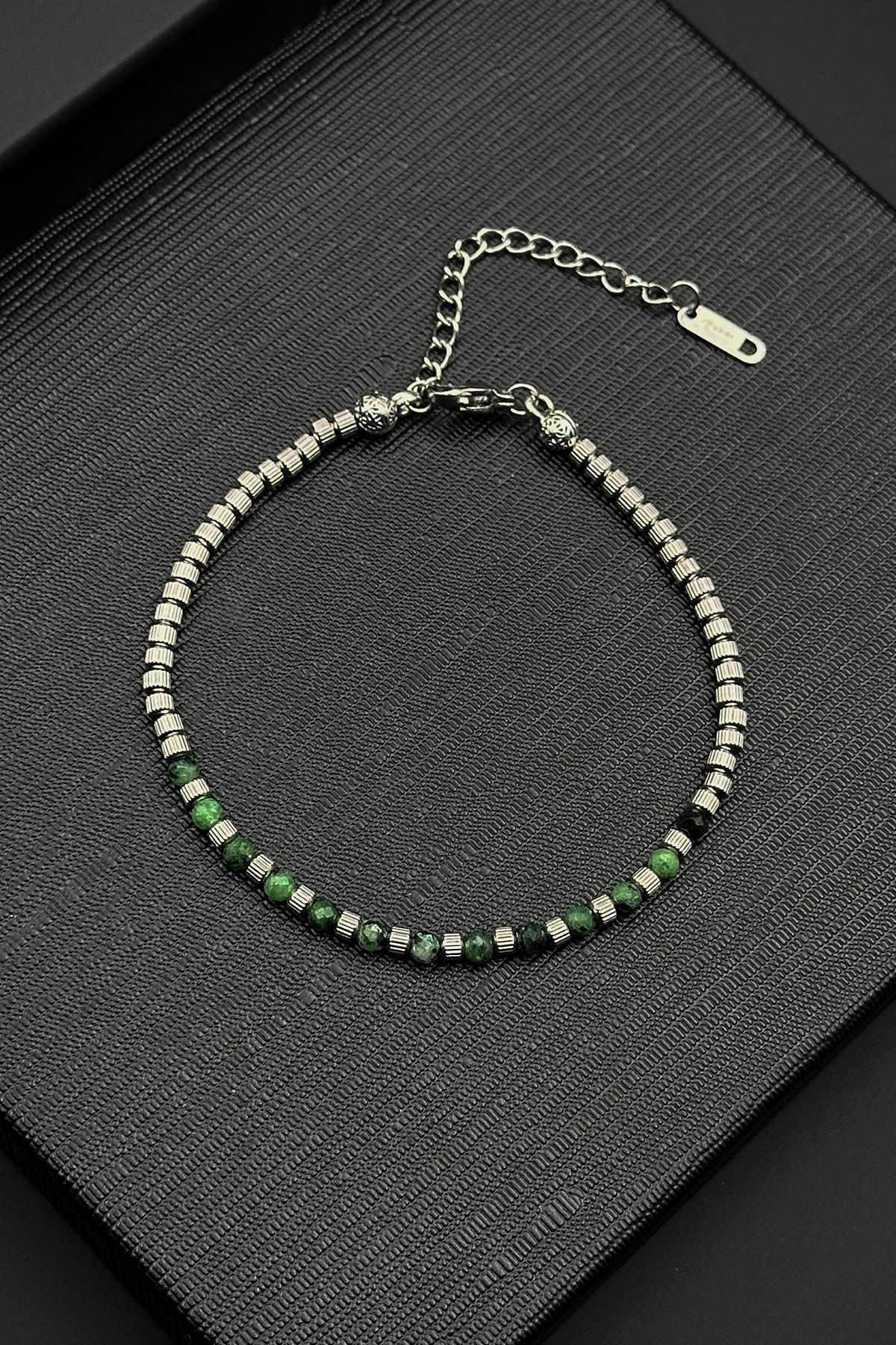 FRNCH 316L Çelik ve 3 MM Krizakol Doğal Taşlı Yeşil Renk Erkek Bileklik FRJ12394-3394-Y