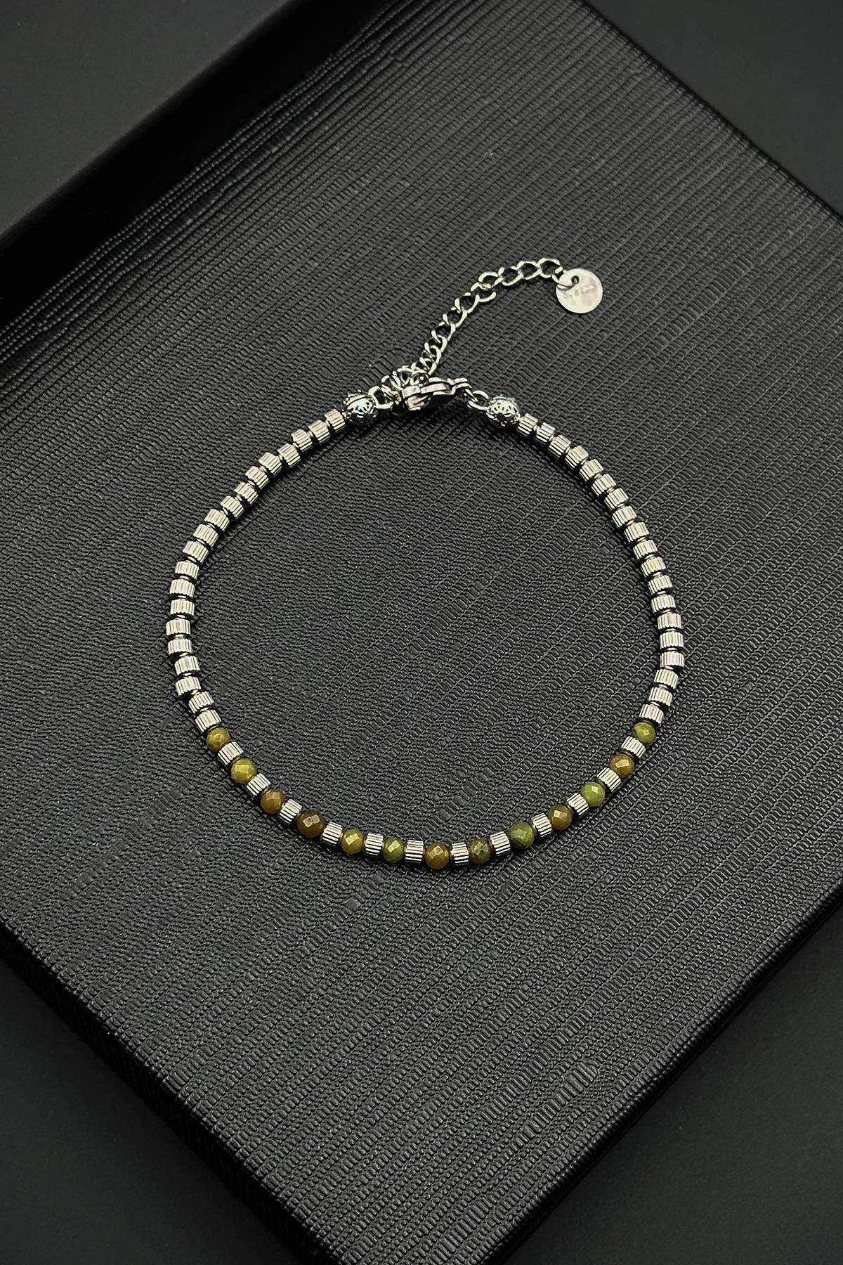 FRNCH 316L Çelik ve 3 MM Yeşim Doğal Taşlı Yeşil Renk Erkek Bileklik FRJ12394-3394-Y3