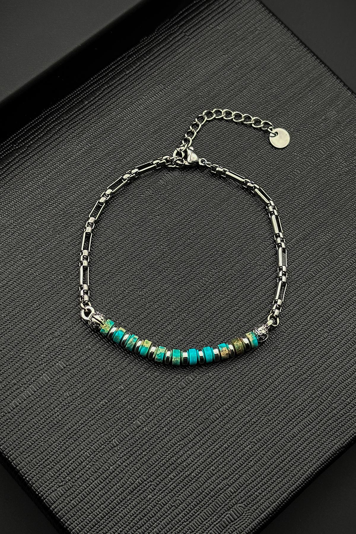 FRNCH 316L Çelik ve Afrika Turkuazı Doğal Taşlı Mavi Renk Erkek Bileklik FRJ12511-3511-M2