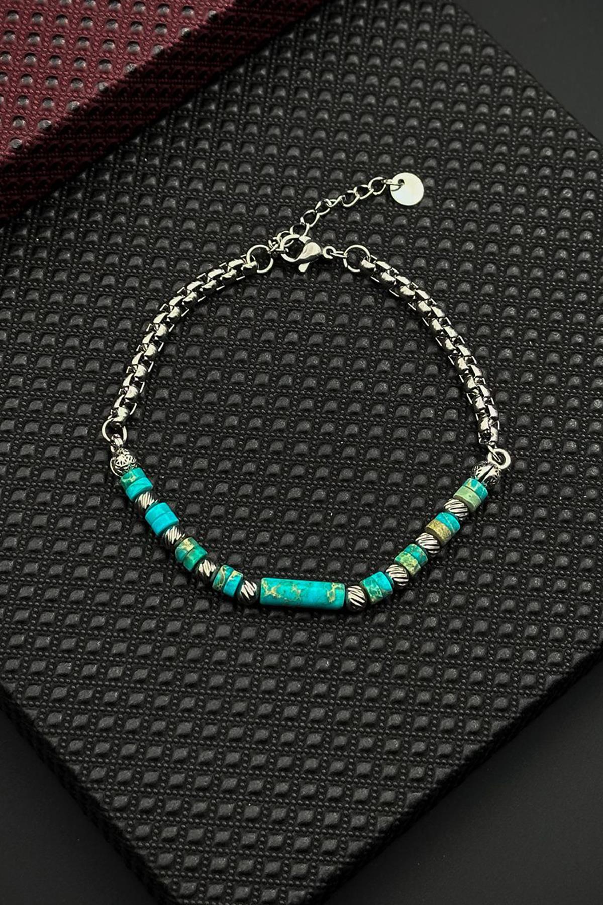 FRNCH 316L Çelik ve Afrika Turkuazı Doğal Taşlı Turkuaz Renk Erkek Bileklik FRJ12692-3692-M