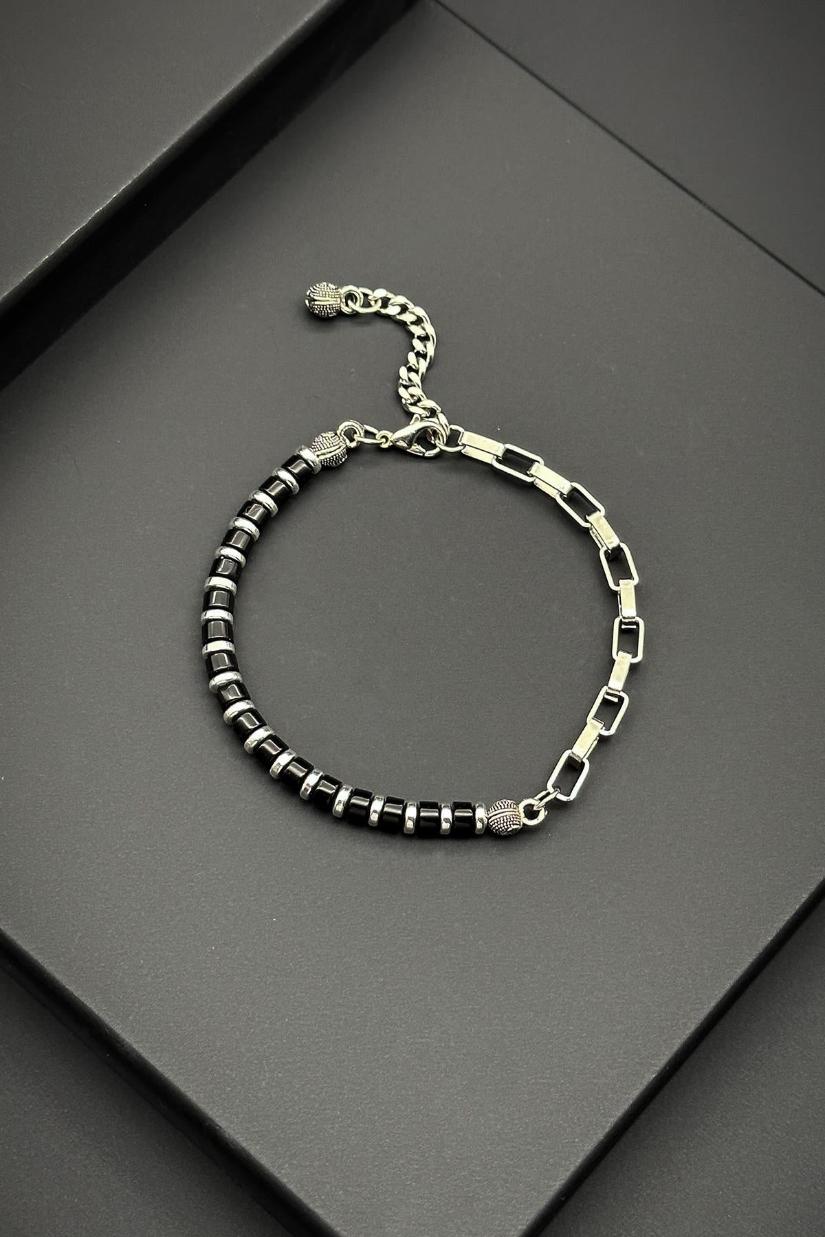 FRNCH 316L Çelik ve Akik Doğal Taşlı Siyah Renk Erkek Bileklik FRJ11876-1976-S