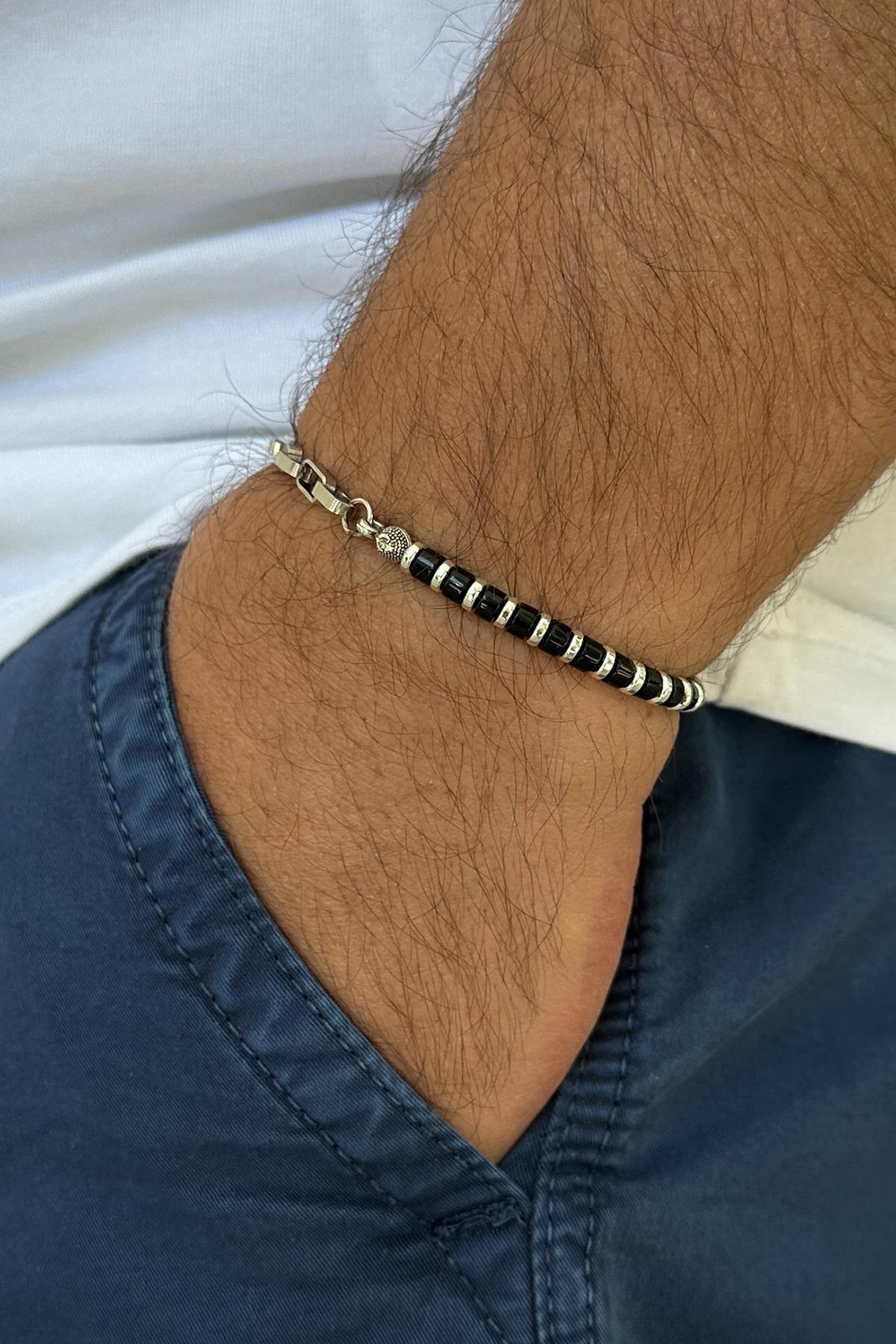 FRNCH 316L Çelik ve Akik Doğal Taşlı Siyah Renk Erkek Bileklik FRJ11876-1976-S