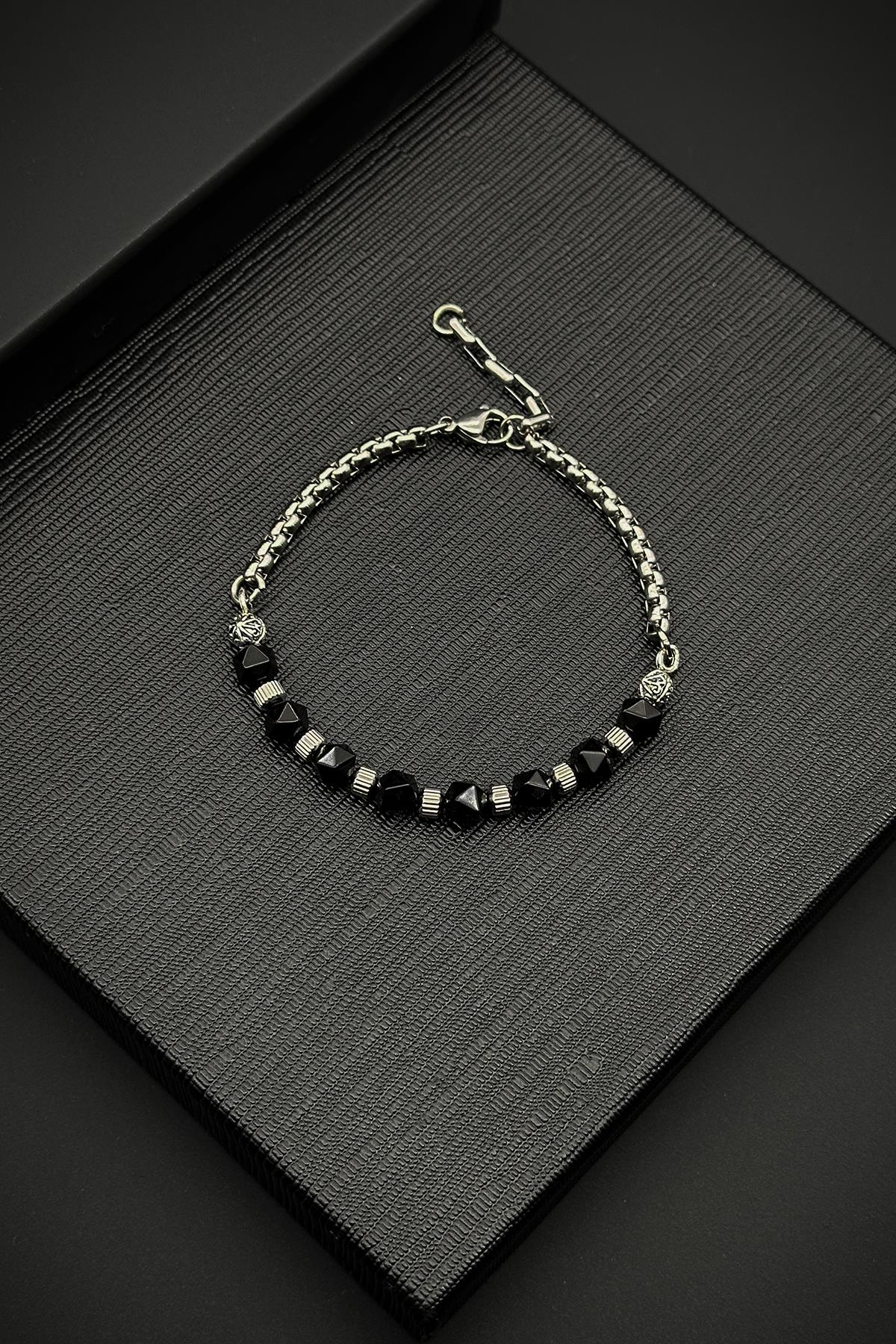 FRNCH 316L Çelik ve Akik Doğal Taşlı Siyah Renk Erkek Bileklik FRJ12099-3099-AB2