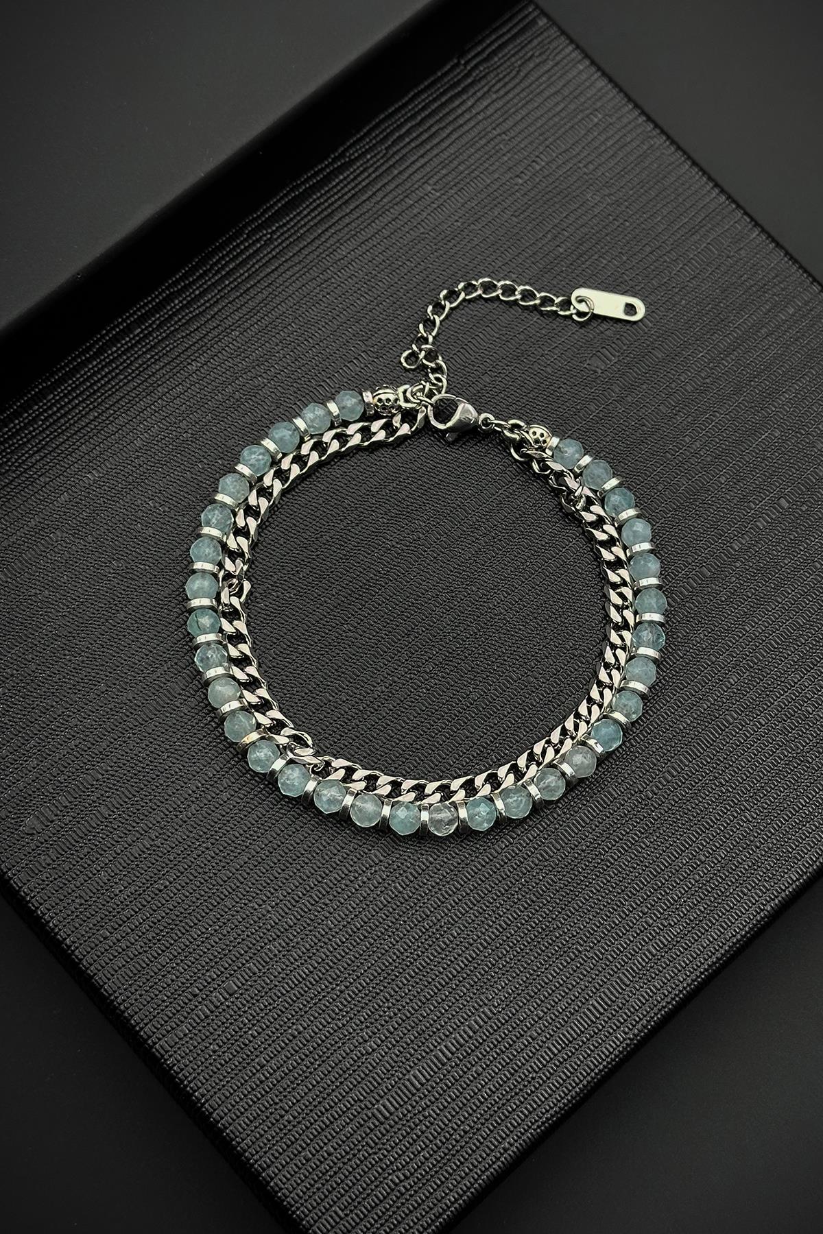 FRNCH 316L Çelik ve Aqua Marine Doğal Taşlı Mavi Renk Erkek Bileklik FRJ12527-3527-M