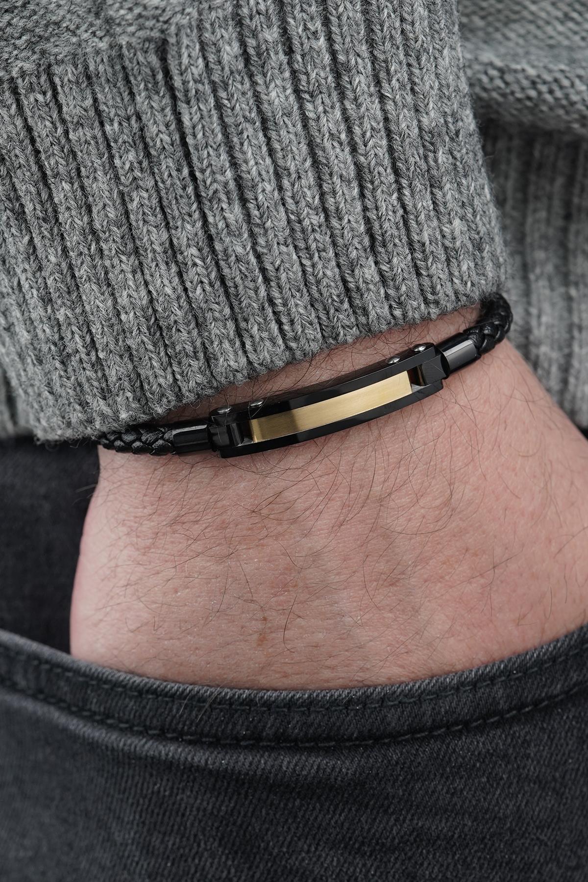 FRNCH 316L Çelik ve Derili Altın Renk Erkek Bileklik FRJ12843-3843-B2G