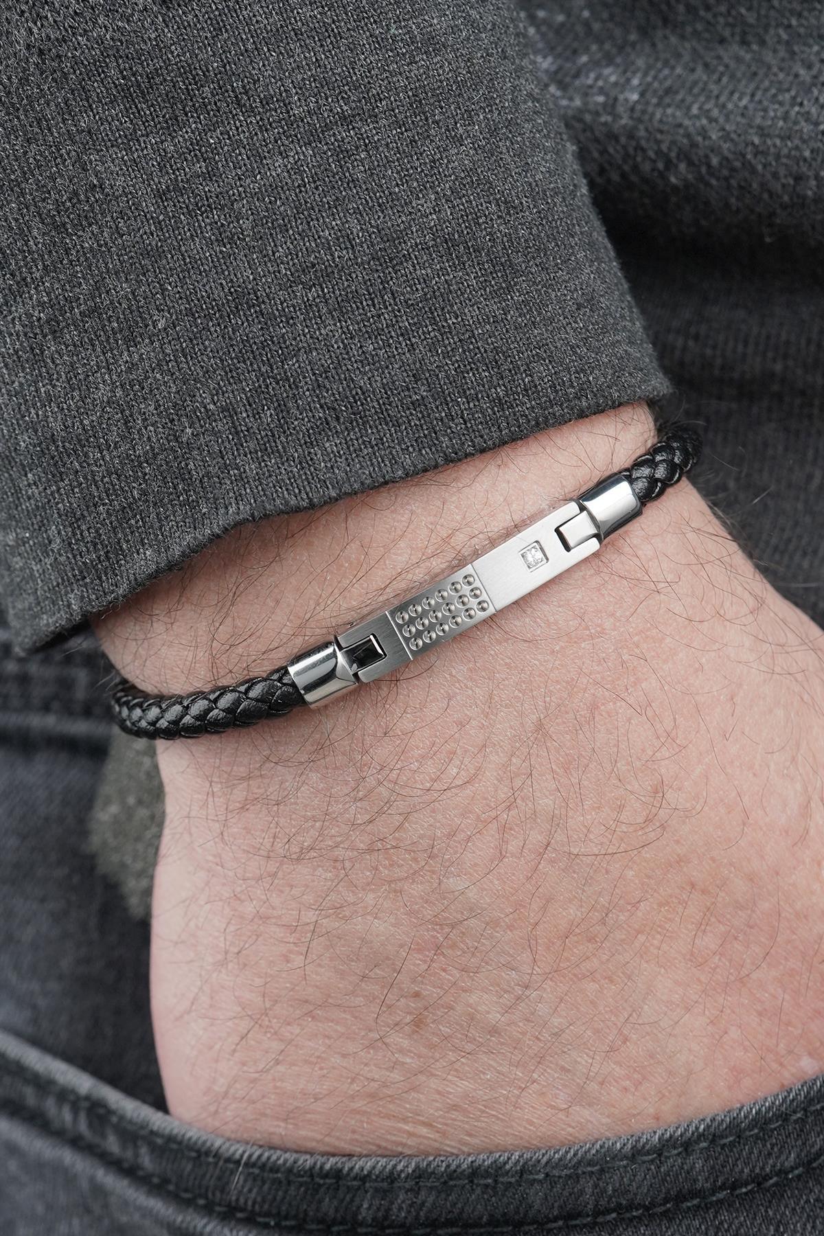 FRNCH 316L Çelik ve Derili Beyaz Zirkon Taşlı Gümüş Renk Erkek Bileklik FRJ12873-3873-A