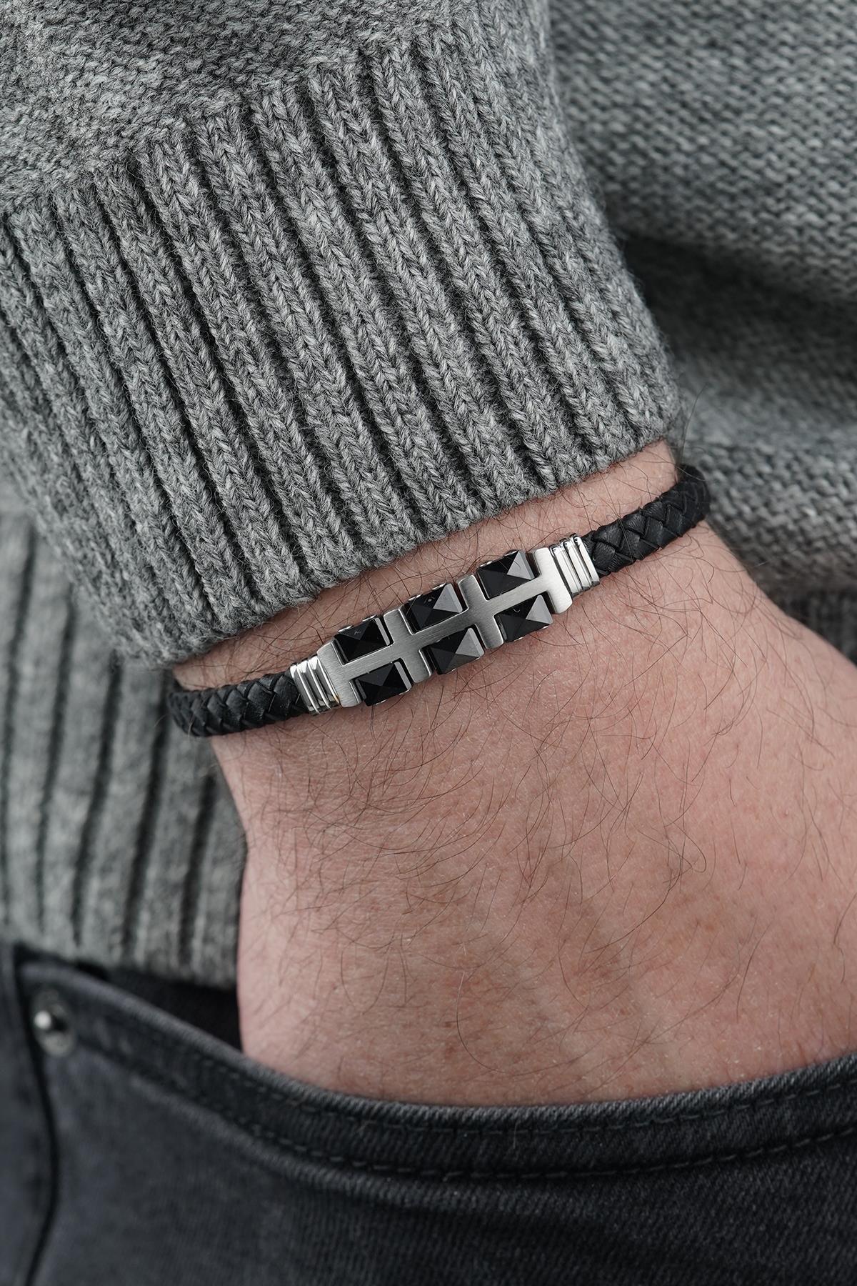 FRNCH 316L Çelik ve Derili Gümüş Renk Erkek Bileklik FRJ12831-3831-A