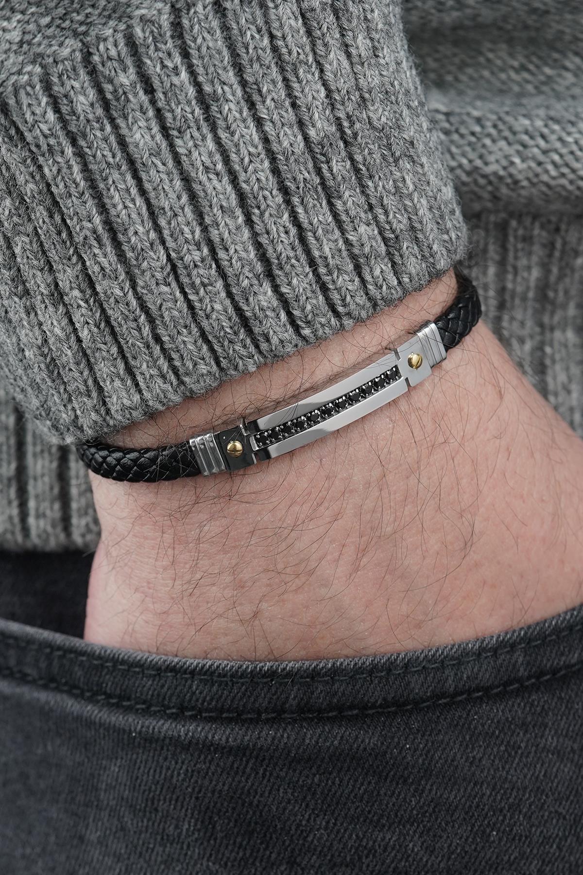 FRNCH 316L Çelik ve Derili Gümüş Renk Erkek Bileklik FRJ12839-3839-A