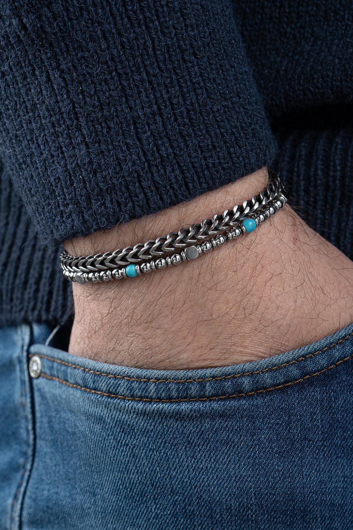 FRNCH 316L Çelik ve Firuze Doğal Taşlı Turkuaz Renk Erkek Bileklik FRJ12778-3778-MA