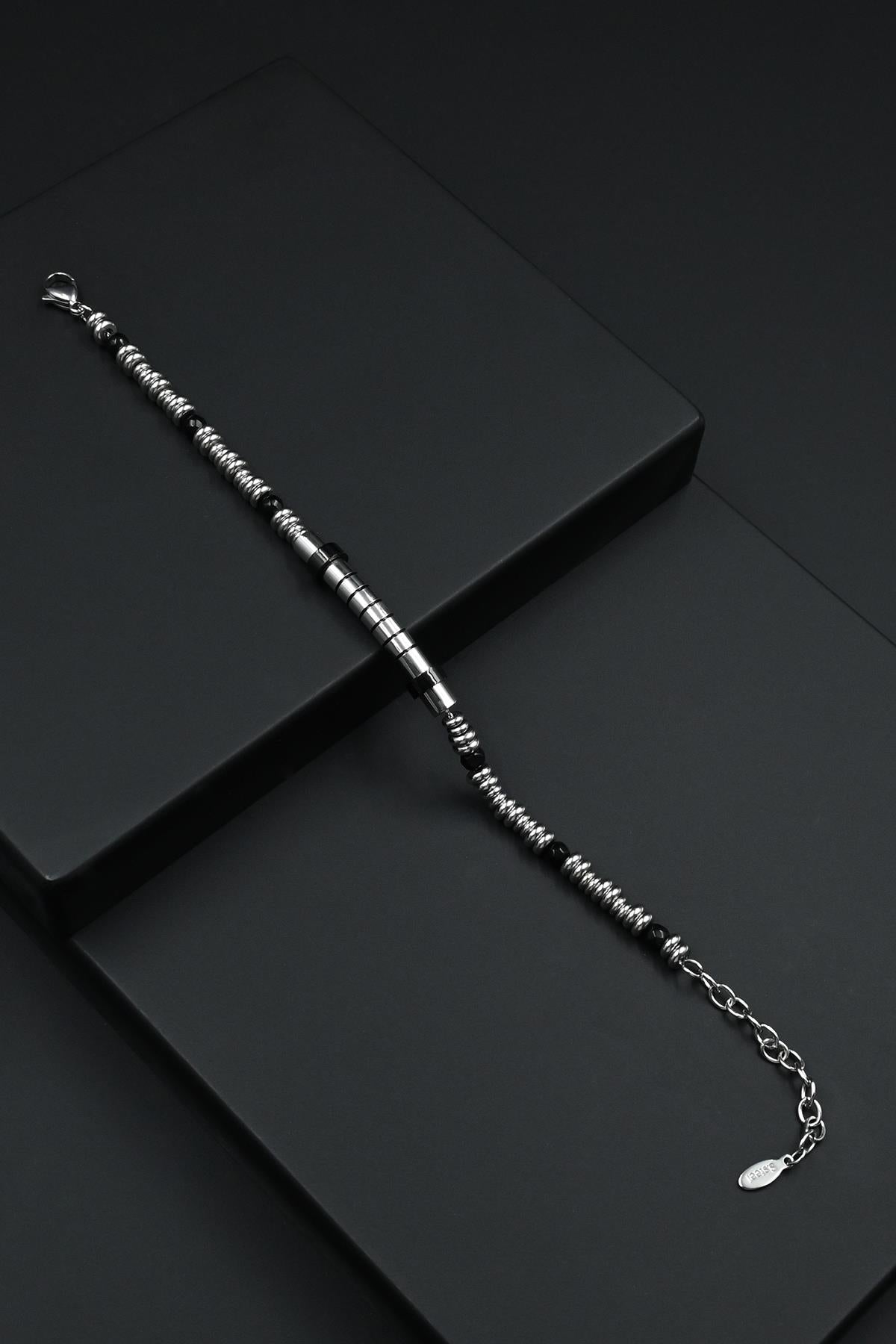 FRNCH 316L Çelik ve Hematit Doğal Taşlı Gümüş-Siyah Renkli Erkek Bileklik FRJ12300-3300-AB2