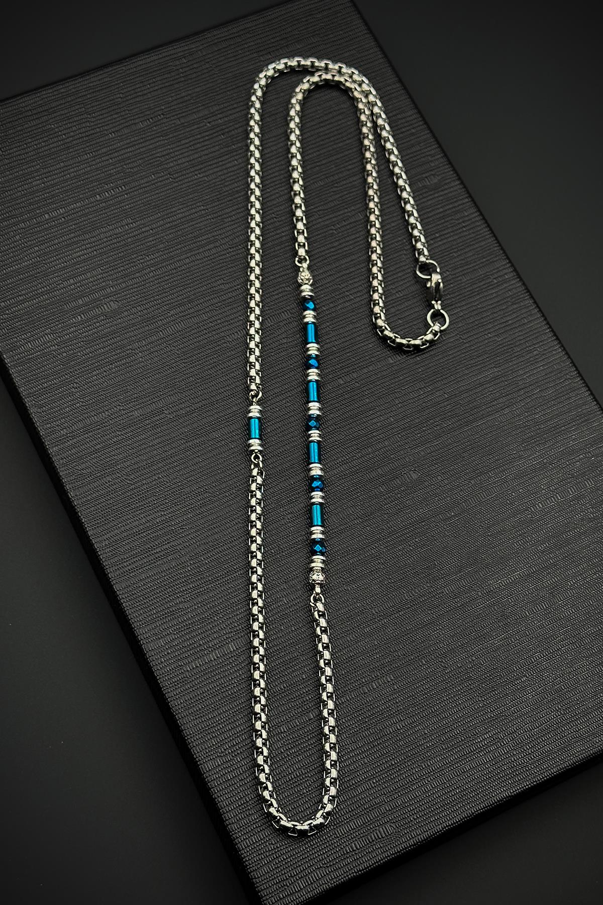 FRNCH 316L Çelik ve Hematit Doğal Taşlı Lacivert Renk Erkek Kolye FRJ30858-958-AL