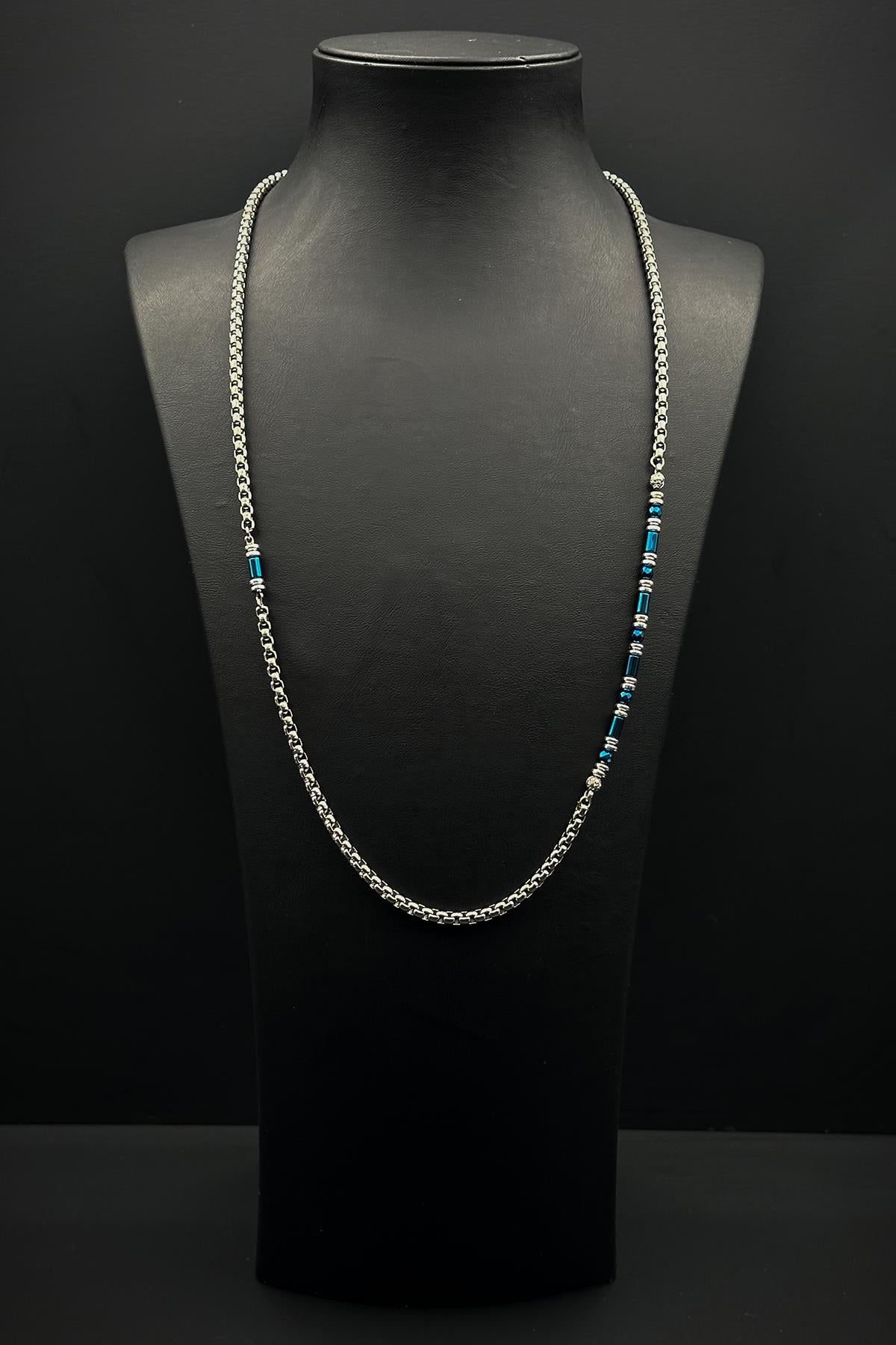 FRNCH 316L Çelik ve Hematit Doğal Taşlı Lacivert Renk Erkek Kolye FRJ30858-958-AL