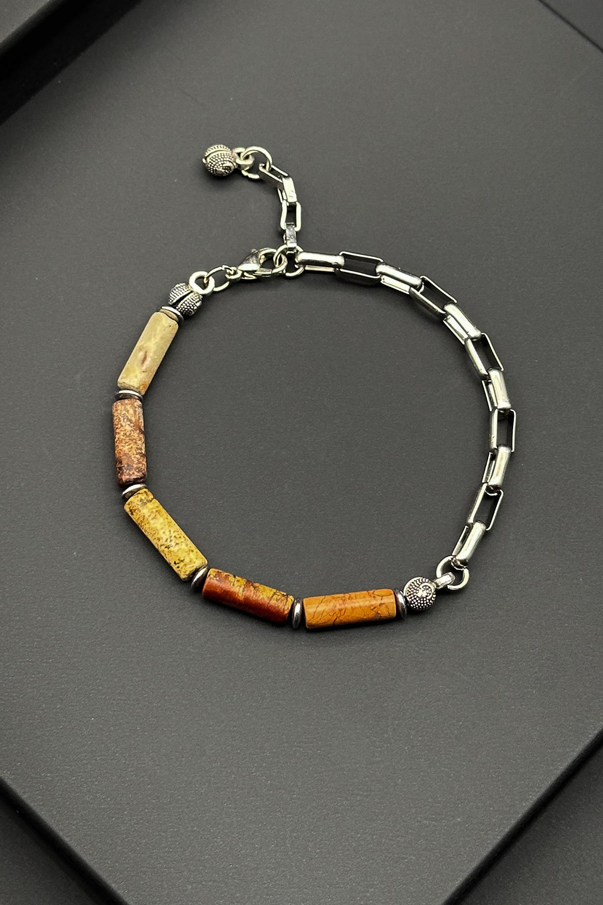 FRNCH 316L Çelik ve Jasper Doğal Taşlı Kahverengi Erkek Bileklik FRJ11874-1974-K2