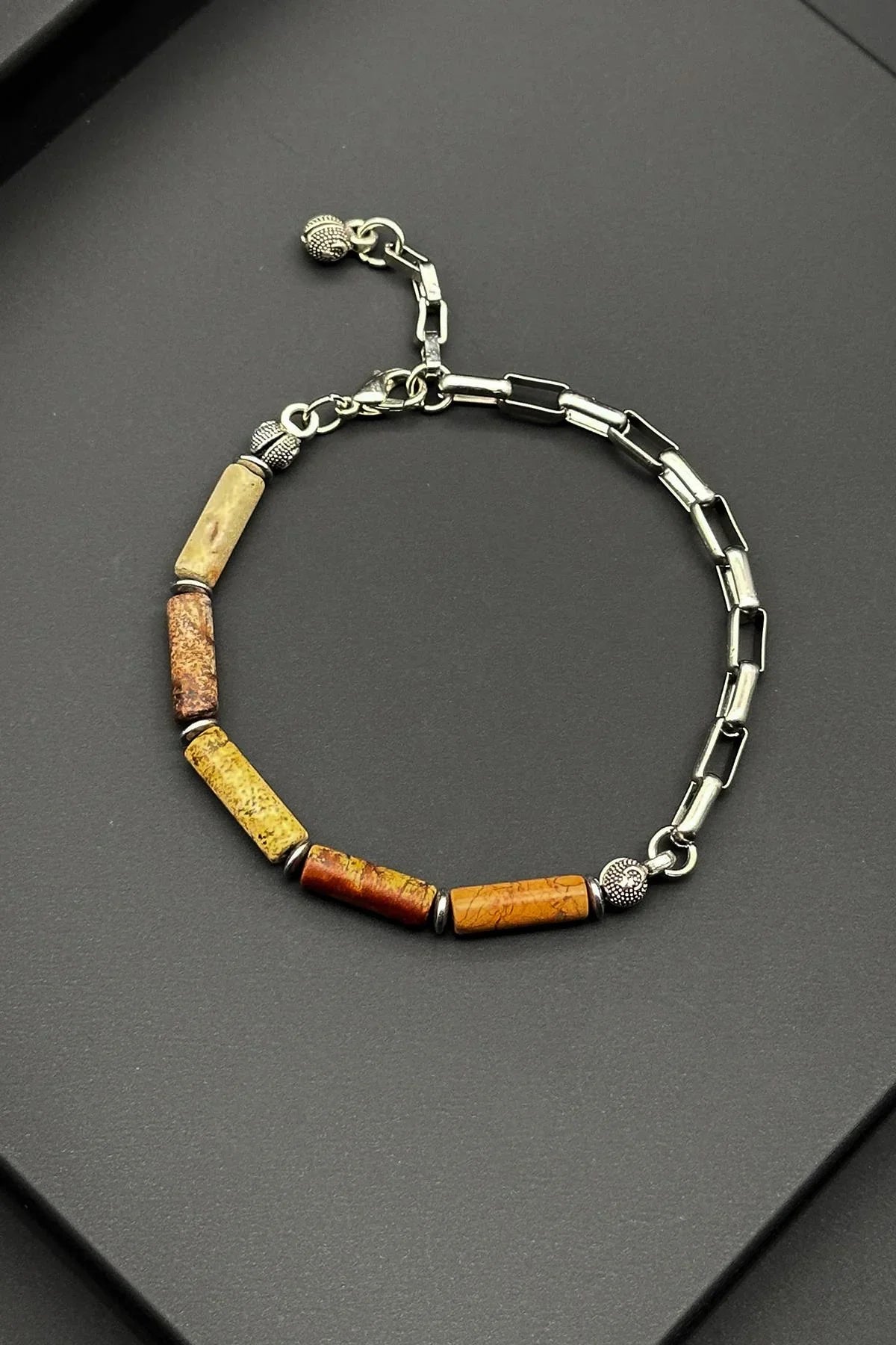 FRNCH 316L Çelik ve Jasper Doğal Taşlı Kahverengi Erkek Bileklik FRJ11874-1974-K2