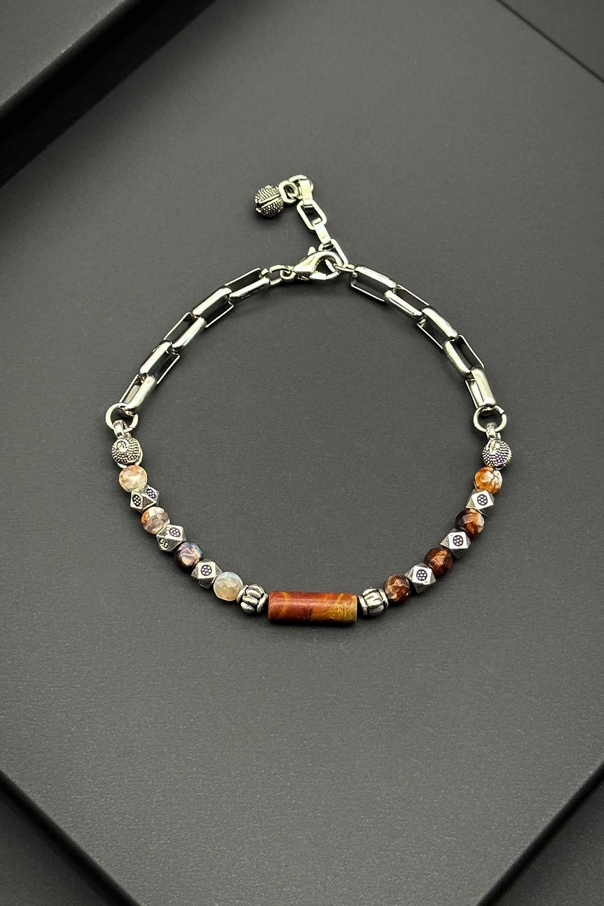 FRNCH 316L Çelik ve Jasper Doğal Taşlı Kahverengi Erkek Bileklik FRJ11877-1977-K3