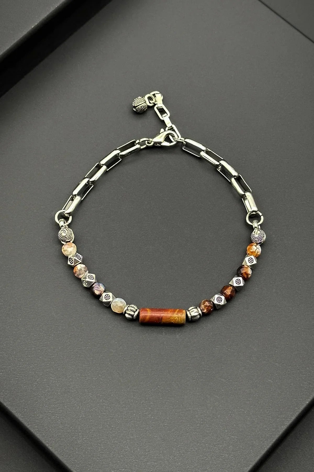 FRNCH 316L Çelik ve Jasper Doğal Taşlı Kahverengi Erkek Bileklik FRJ11877-1977-K3