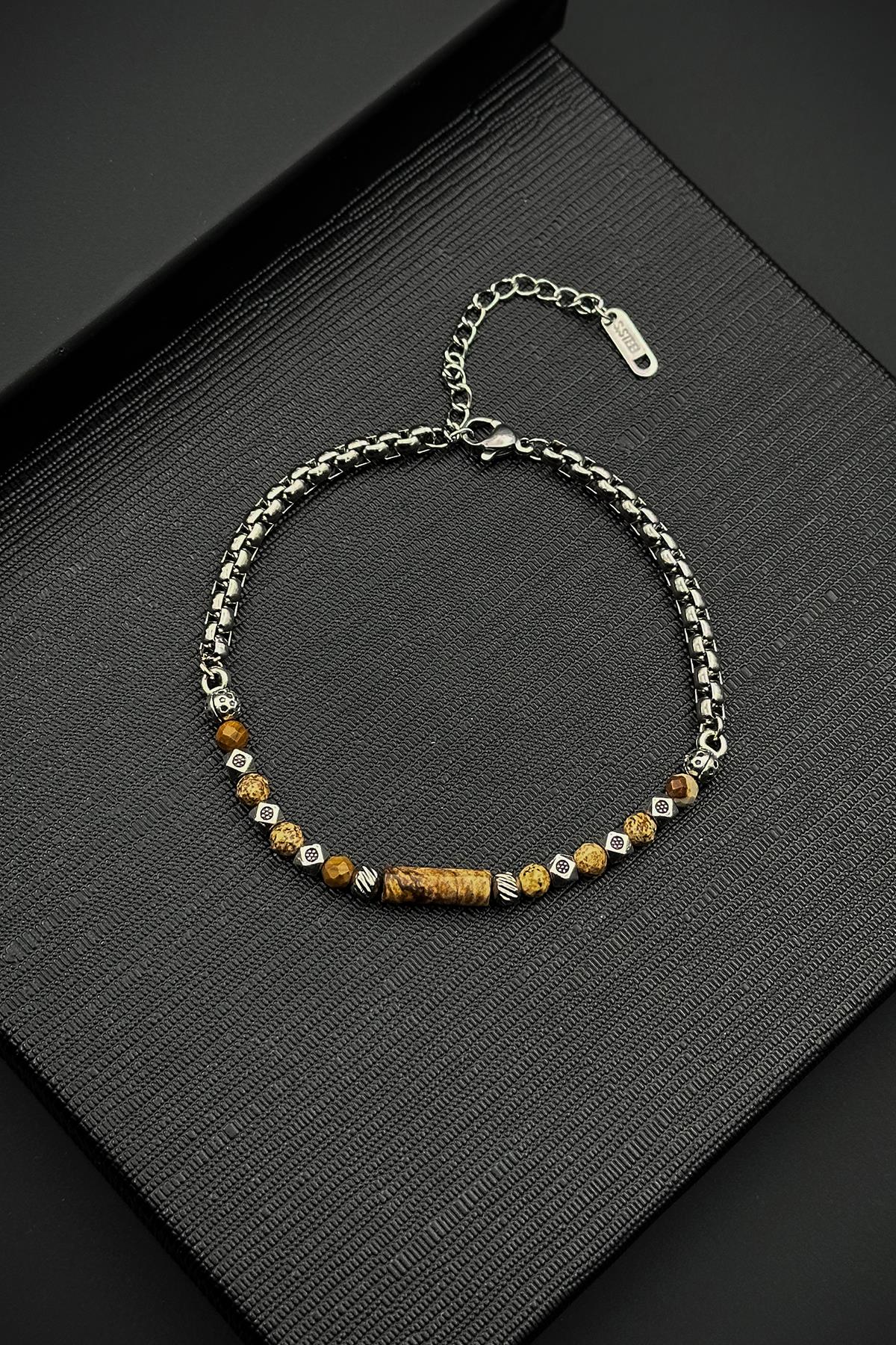 FRNCH 316L Çelik ve Jasper Doğal Taşlı Kahverengi Erkek Bileklik FRJ12529-3529-K