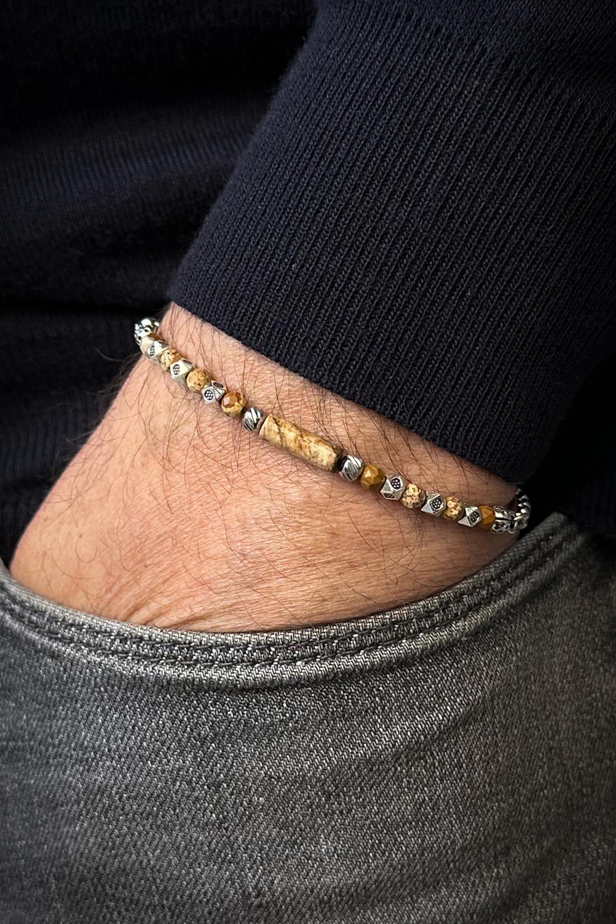 FRNCH 316L Çelik ve Jasper Doğal Taşlı Kahverengi Erkek Bileklik FRJ12529-3529-K