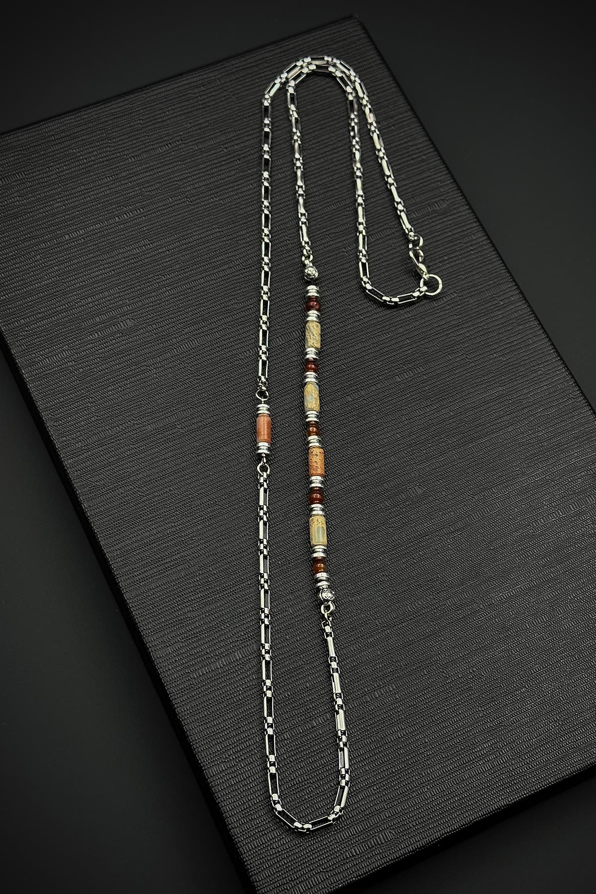 FRNCH 316L Çelik ve Jasper Doğal Taşlı Kahverengi Erkek Kolye FRJ30868-968-K