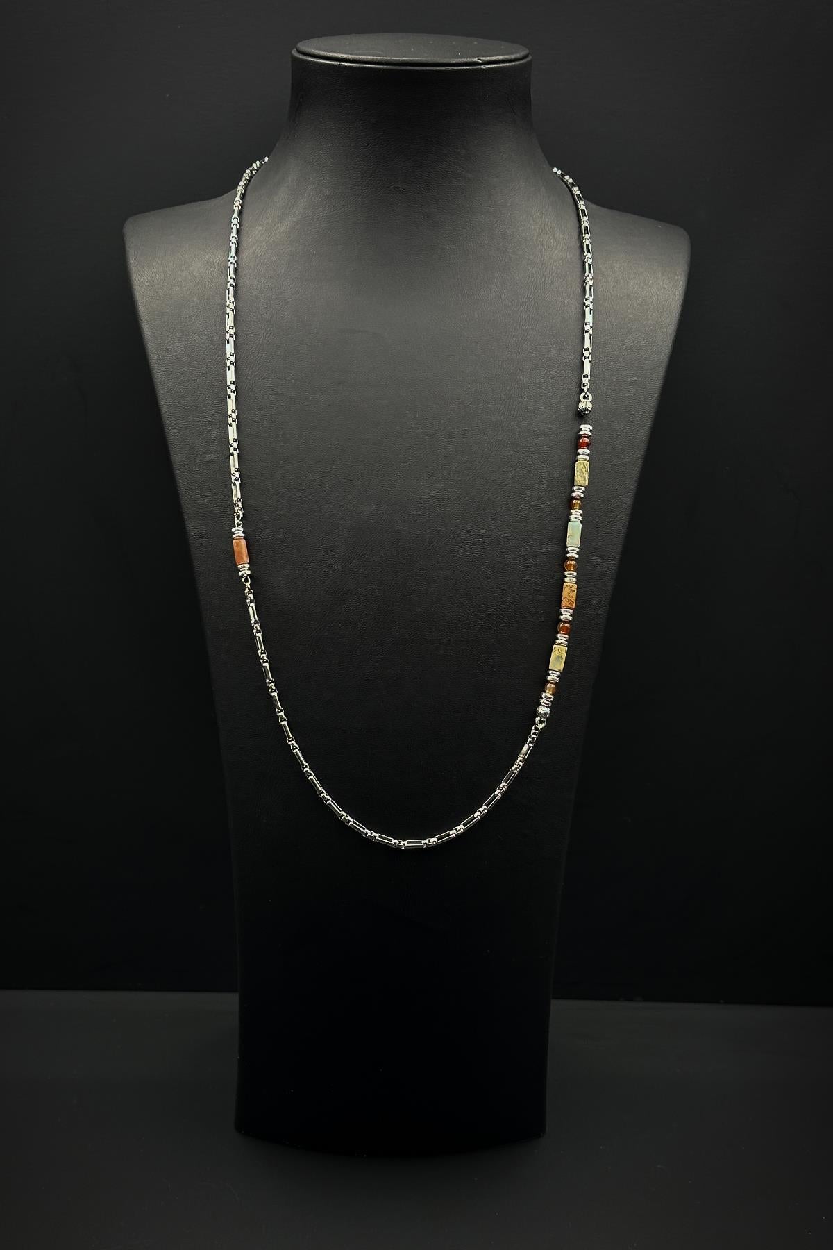 FRNCH 316L Çelik ve Jasper Doğal Taşlı Kahverengi Erkek Kolye FRJ30868-968-K