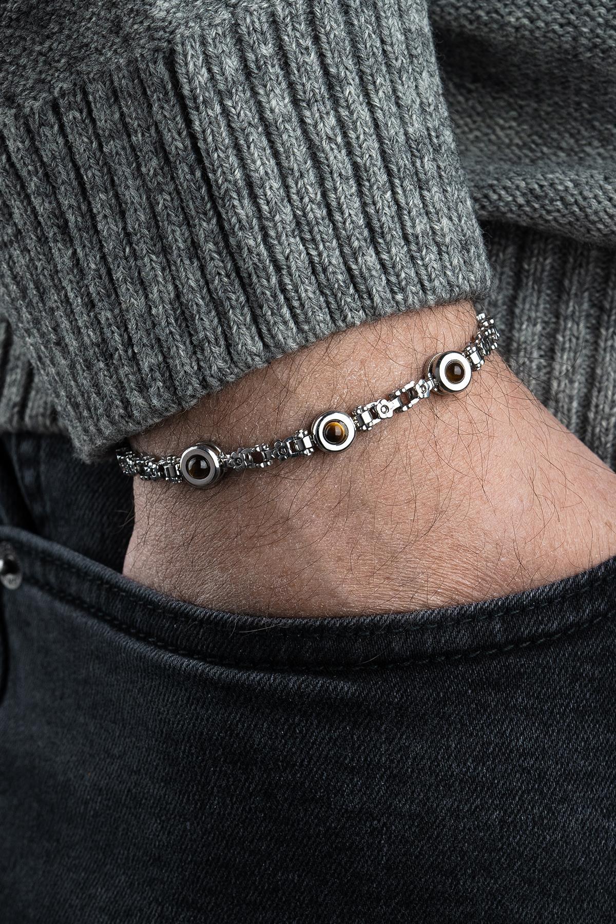 FRNCH 316L Çelik ve Kaplan Gözü Doğal Taşlı Gümüş-Kahverengi Erkek Bileklik FRJ12796-3796-AK