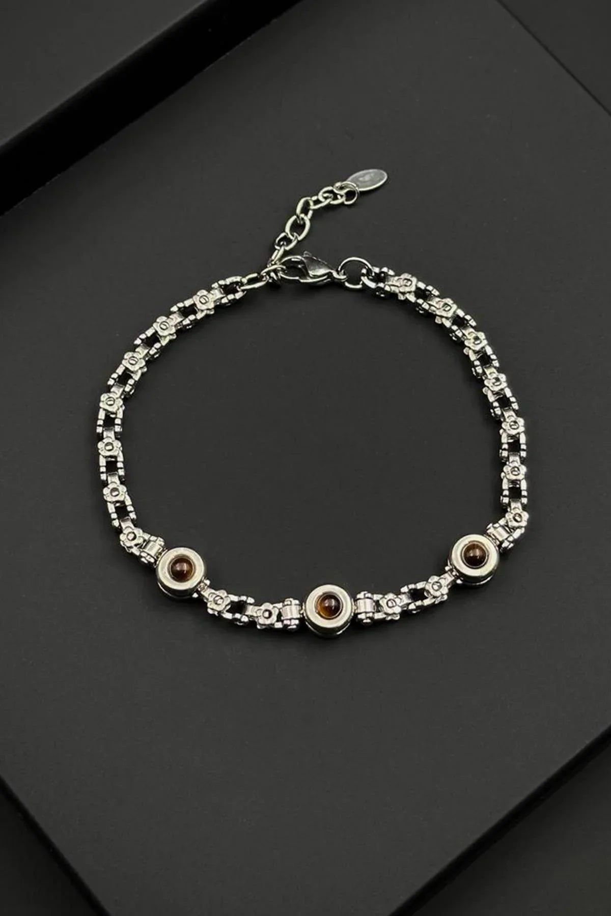 FRNCH 316L Çelik ve Kaplan Gözü Doğal Taşlı Gümüş-Kahverengi Erkek Bileklik FRJ12796-3796-AK