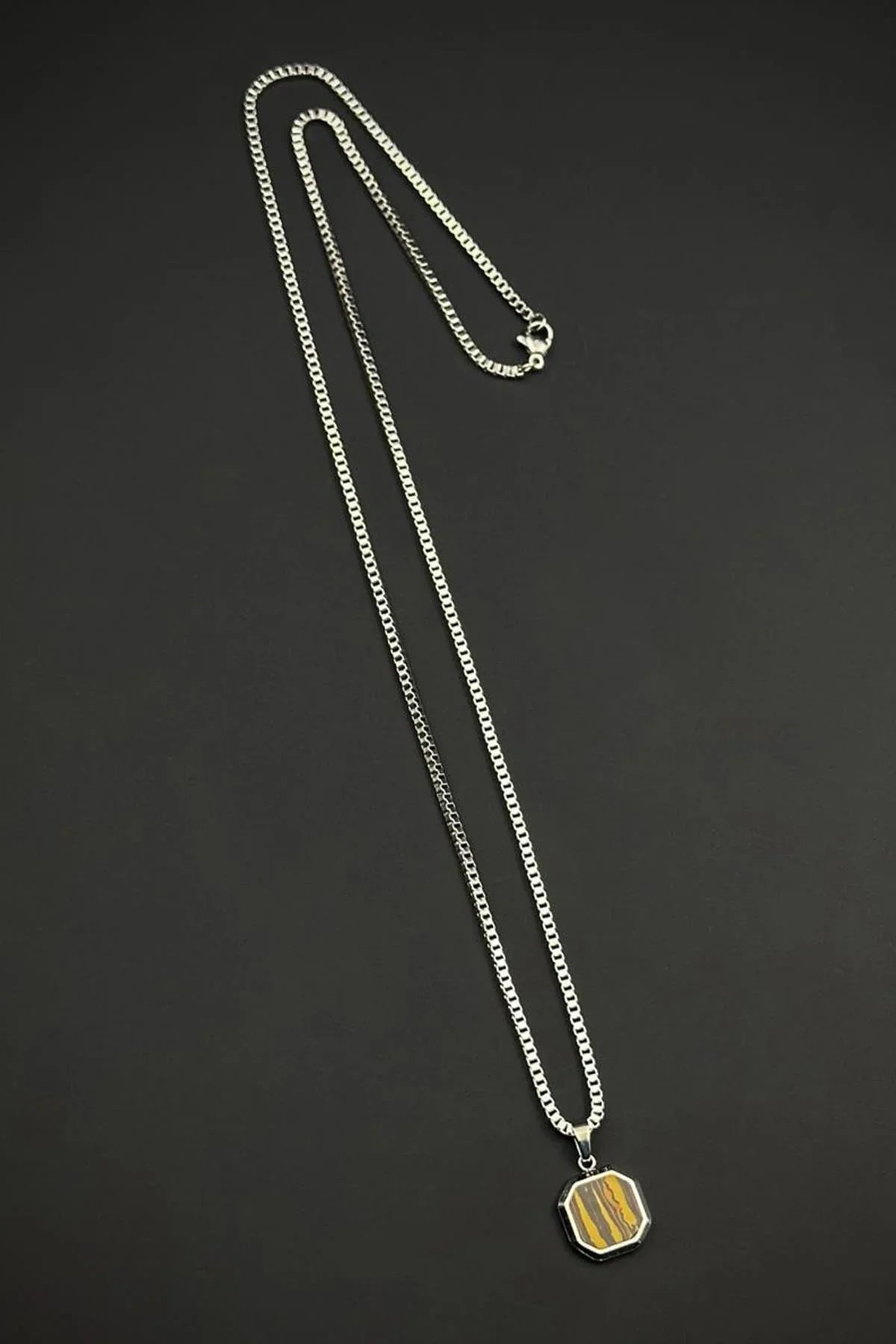 FRNCH 316L Çelik ve Kaplan Gözü Doğal Taşlı Gümüş-Kahverengi Erkek Kolye FRJ30944-1044-AK