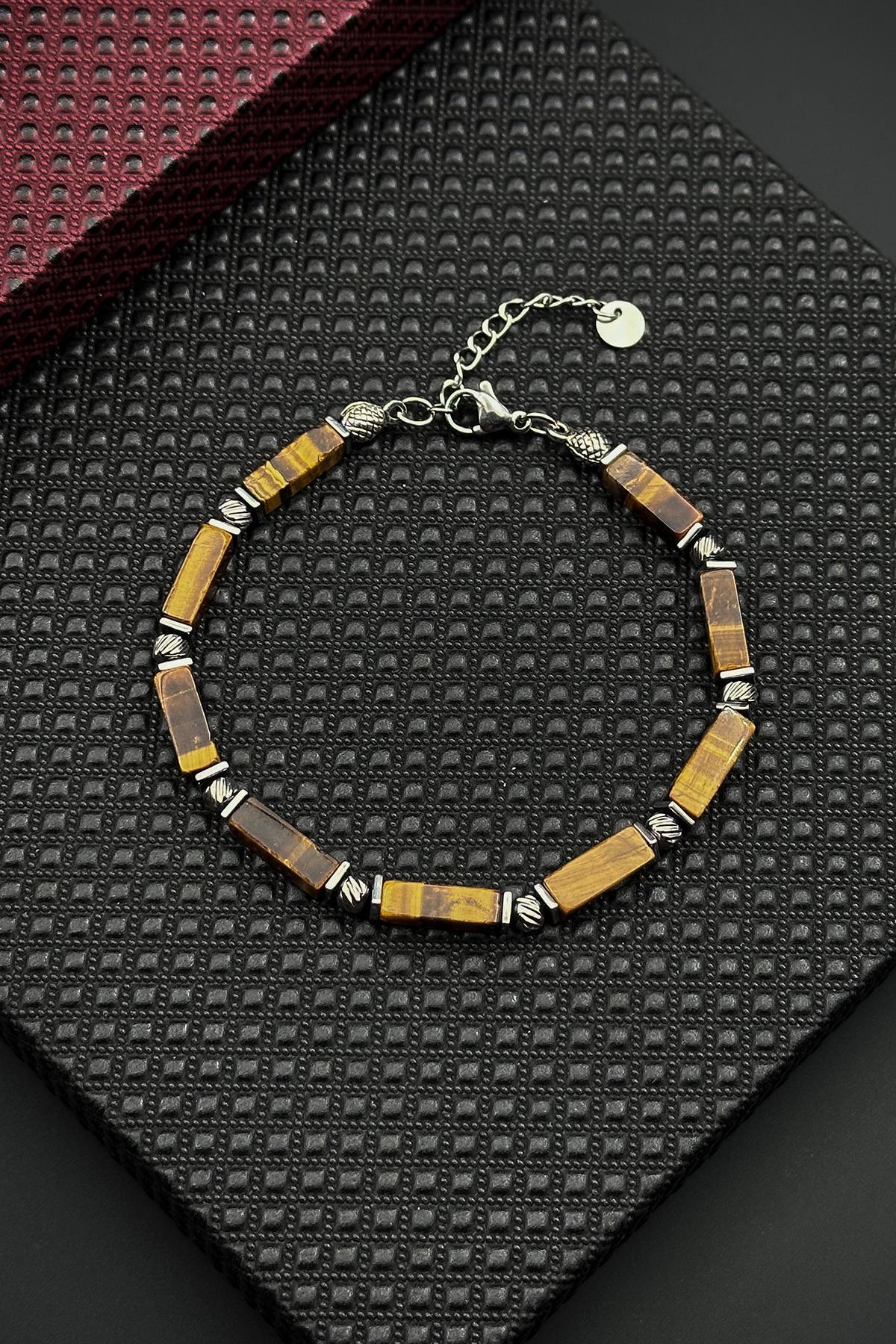 FRNCH 316L Çelik ve Kaplan Gözü Doğal Taşlı Kahverengi Erkek Bileklik FRJ12411-3411-K2