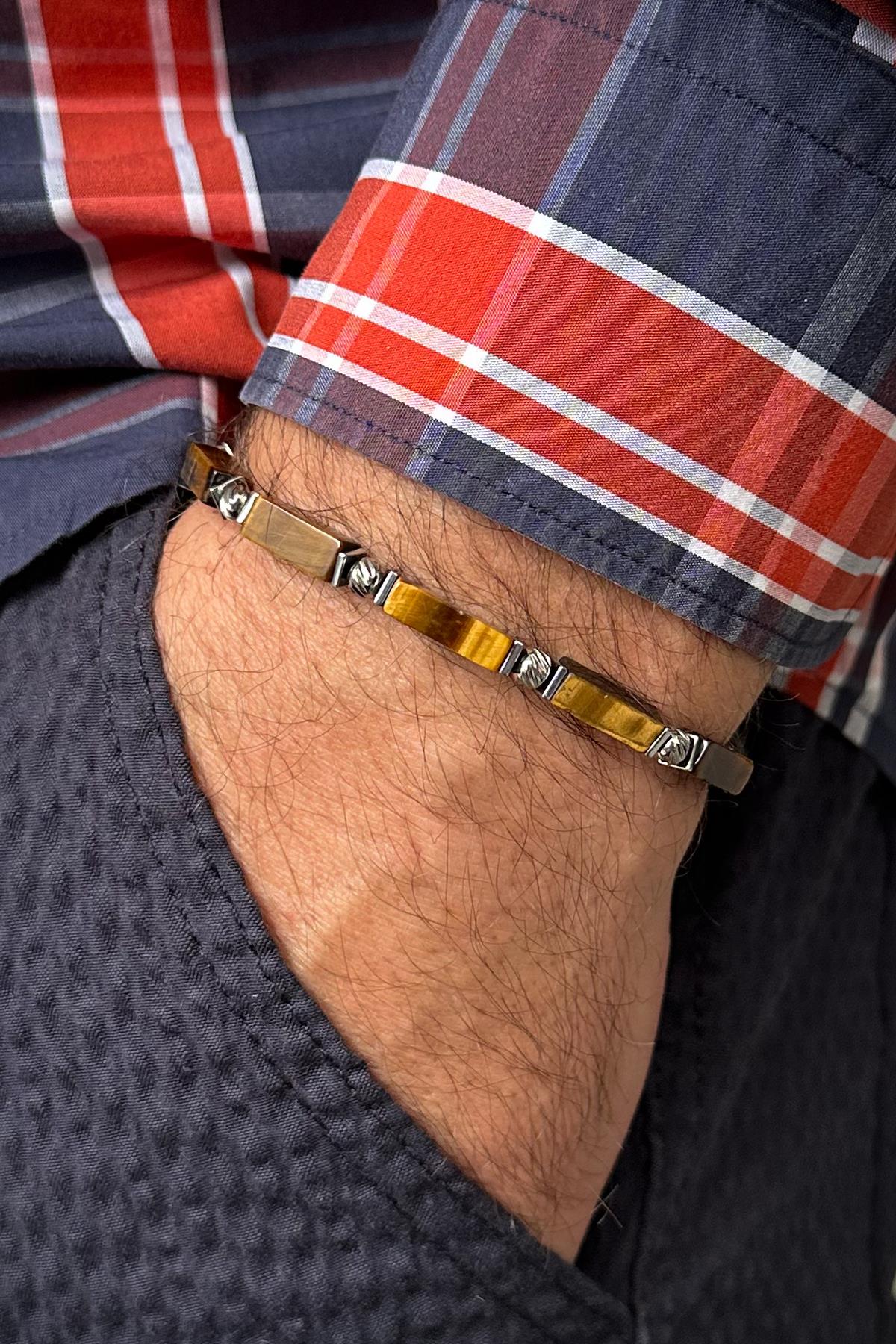 FRNCH 316L Çelik ve Kaplan Gözü Doğal Taşlı Kahverengi Erkek Bileklik FRJ12411-3411-K2