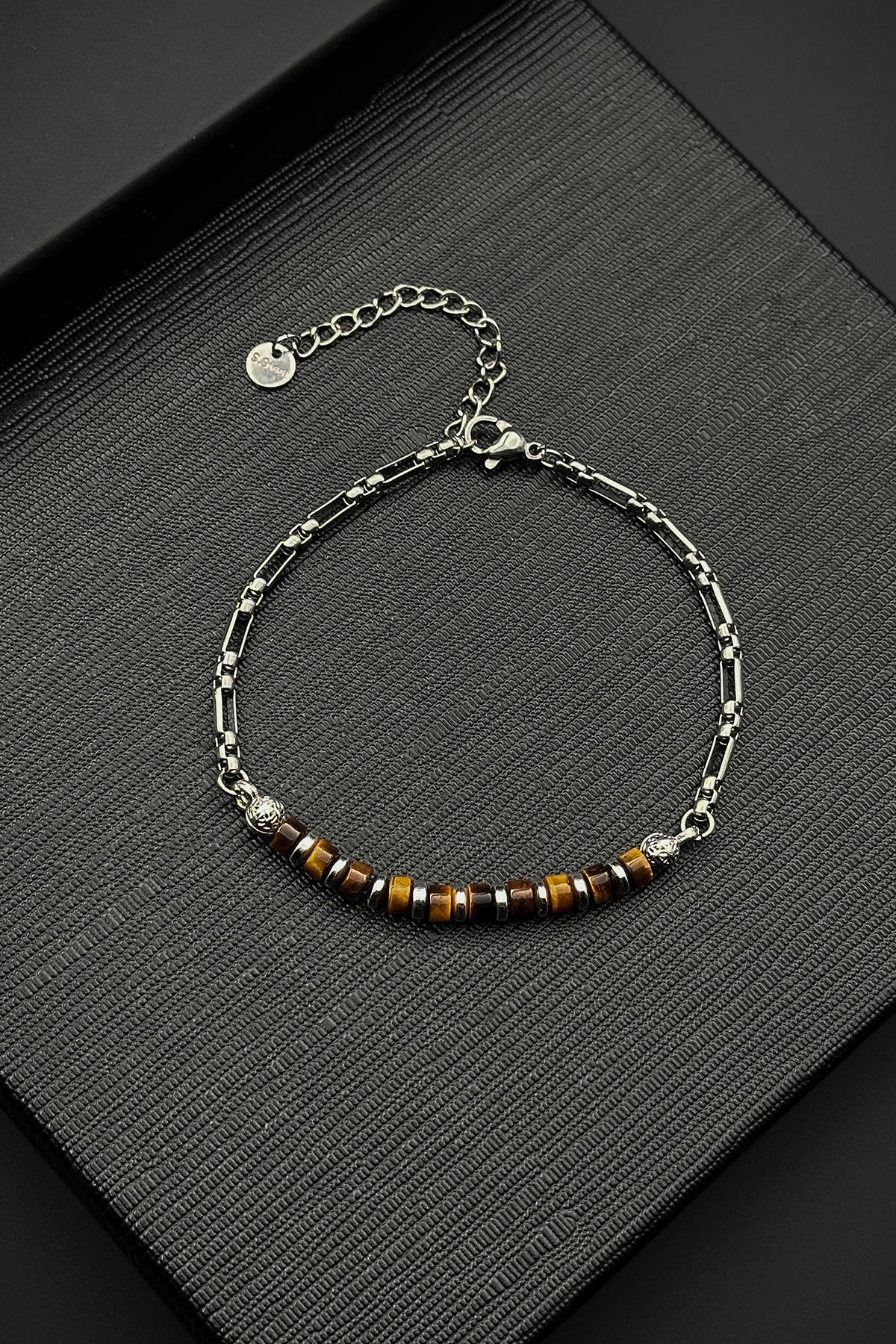 FRNCH 316L Çelik ve Kaplan Gözü Doğal Taşlı Kahverengi Erkek Bileklik FRJ12511-3511-K