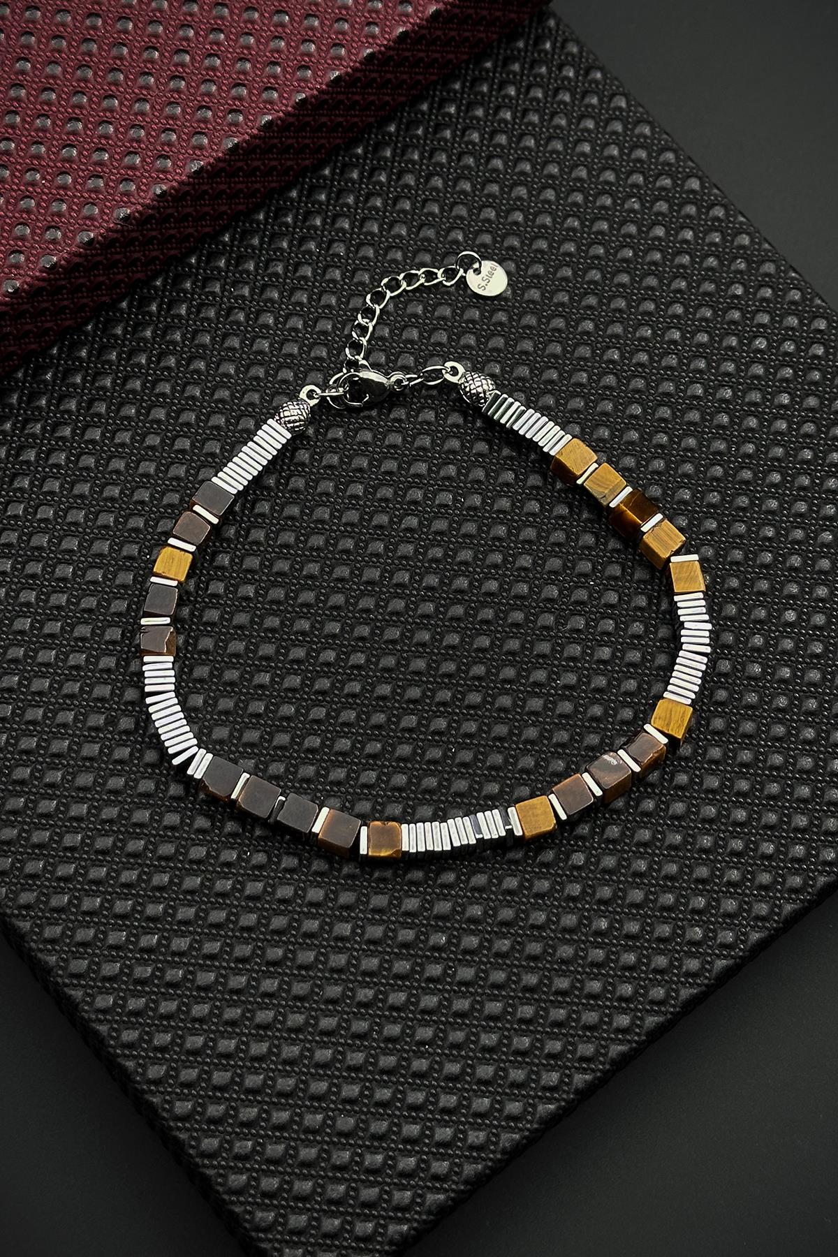 FRNCH 316L Çelik ve Kaplan Gözü Doğal Taşlı Kahverengi Erkek Bileklik FRJ12667-3667-K