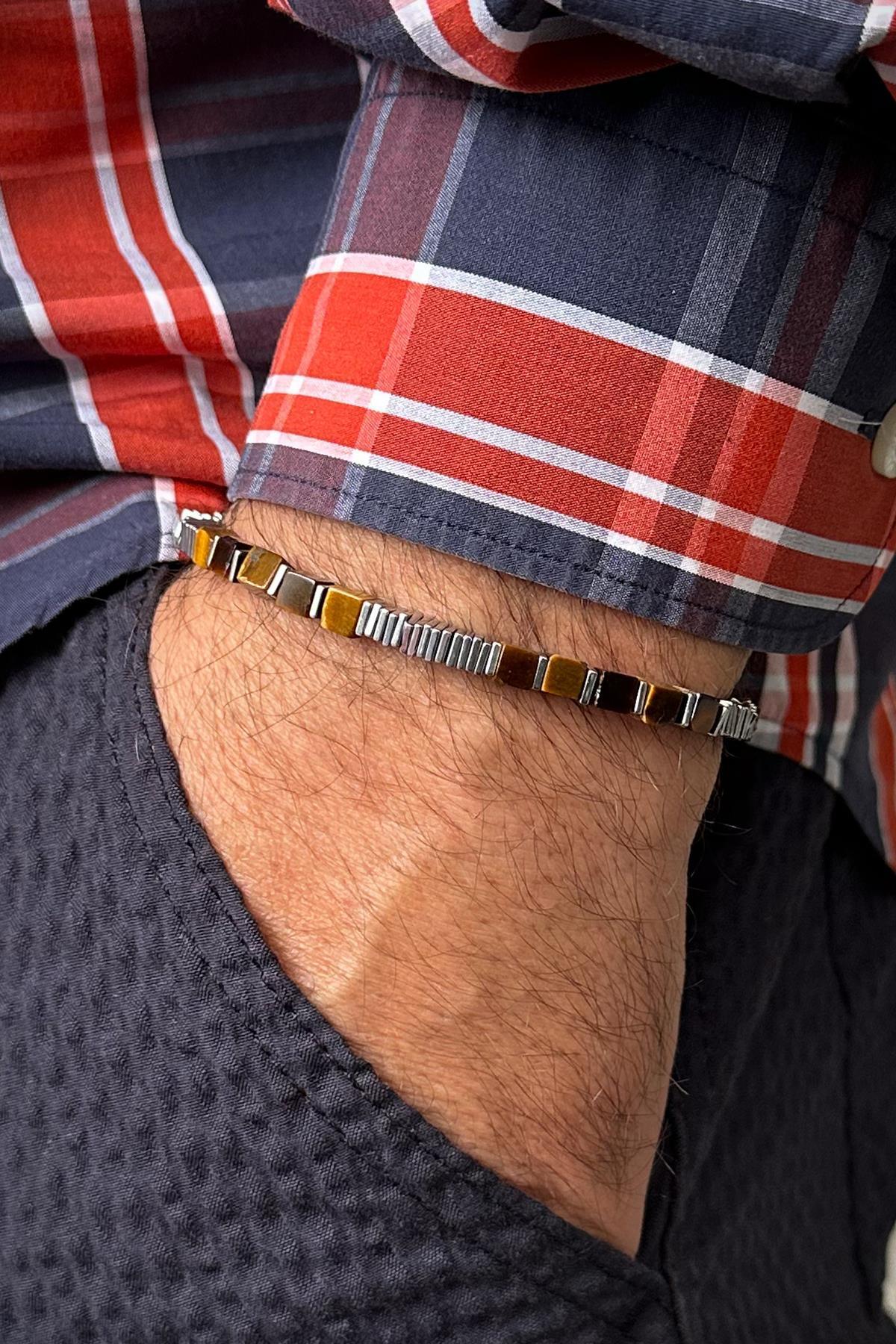 FRNCH 316L Çelik ve Kaplan Gözü Doğal Taşlı Kahverengi Erkek Bileklik FRJ12667-3667-K