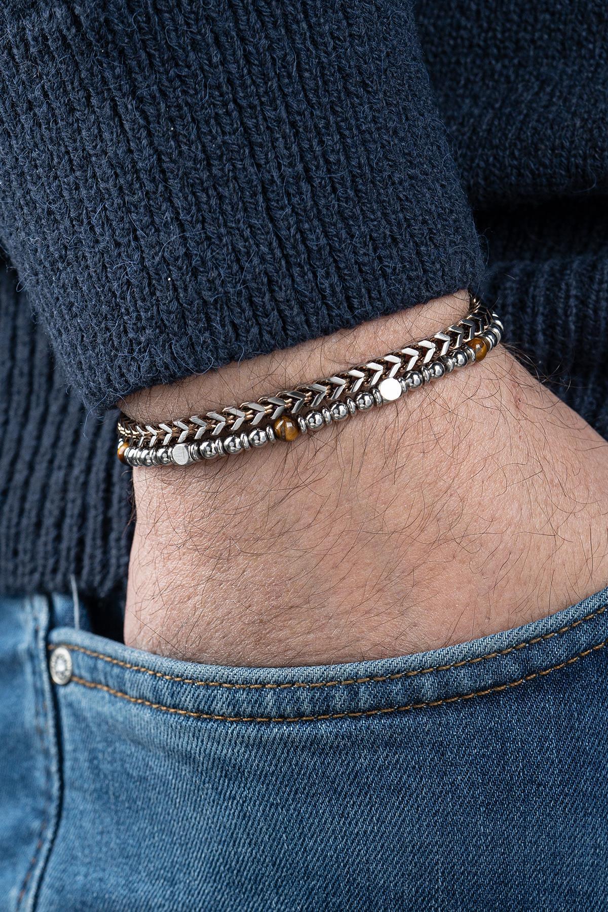 FRNCH 316L Çelik ve Kaplan Gözü Doğal Taşlı Kahverengi Erkek Bileklik FRJ12778-3778-AK