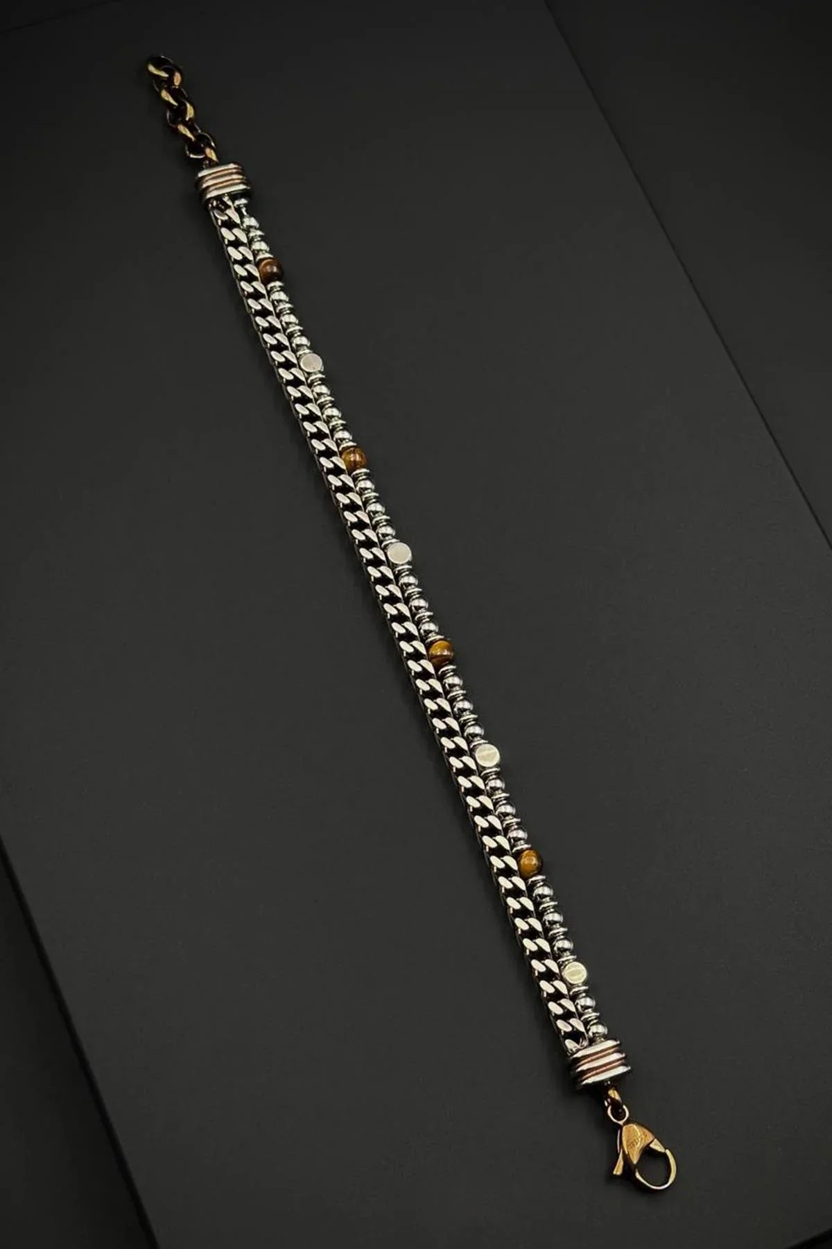 FRNCH 316L Çelik ve Kaplan Gözü Doğal Taşlı Kahverengi Erkek Bileklik FRJ12778-3778-AK