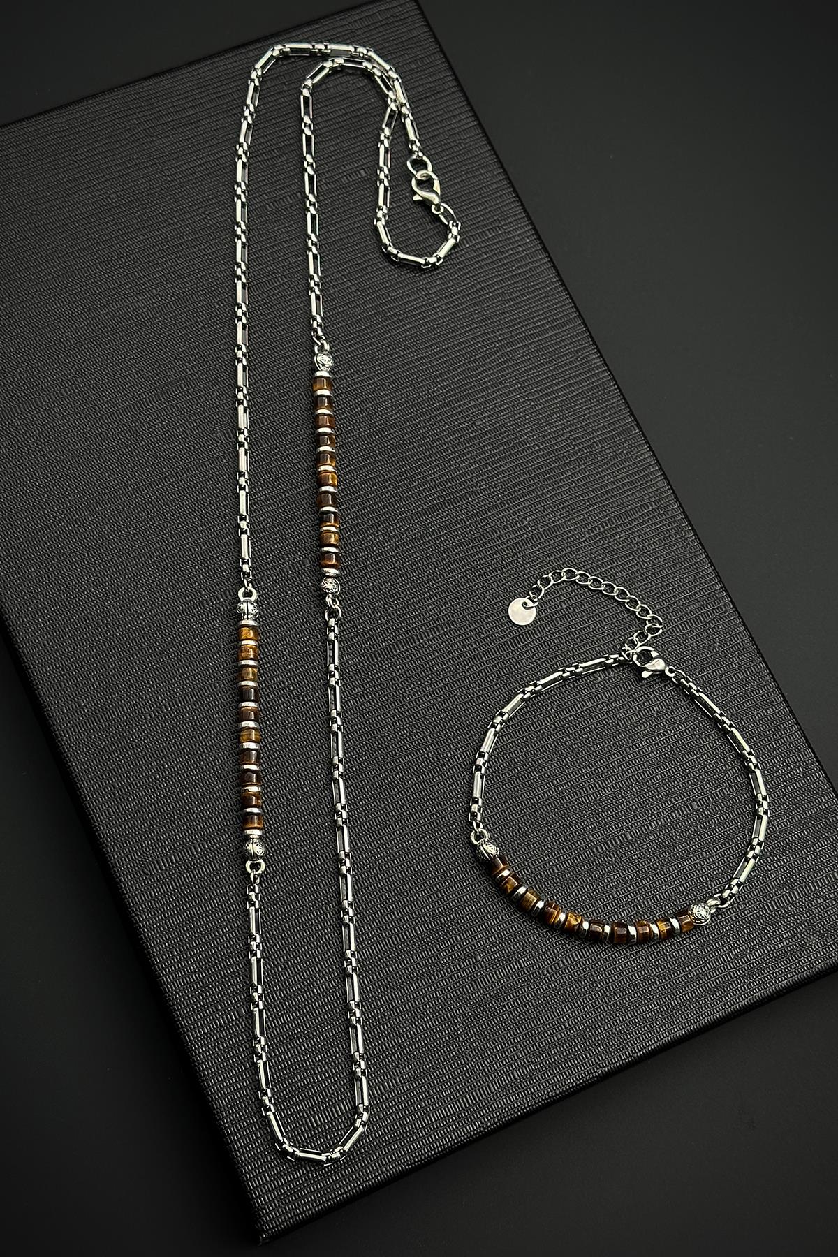 FRNCH 316L Çelik ve Kaplan Gözü Doğal Taşlı Kahverengi Erkek Bileklik/Kolye Set FRJ12514-3514-K