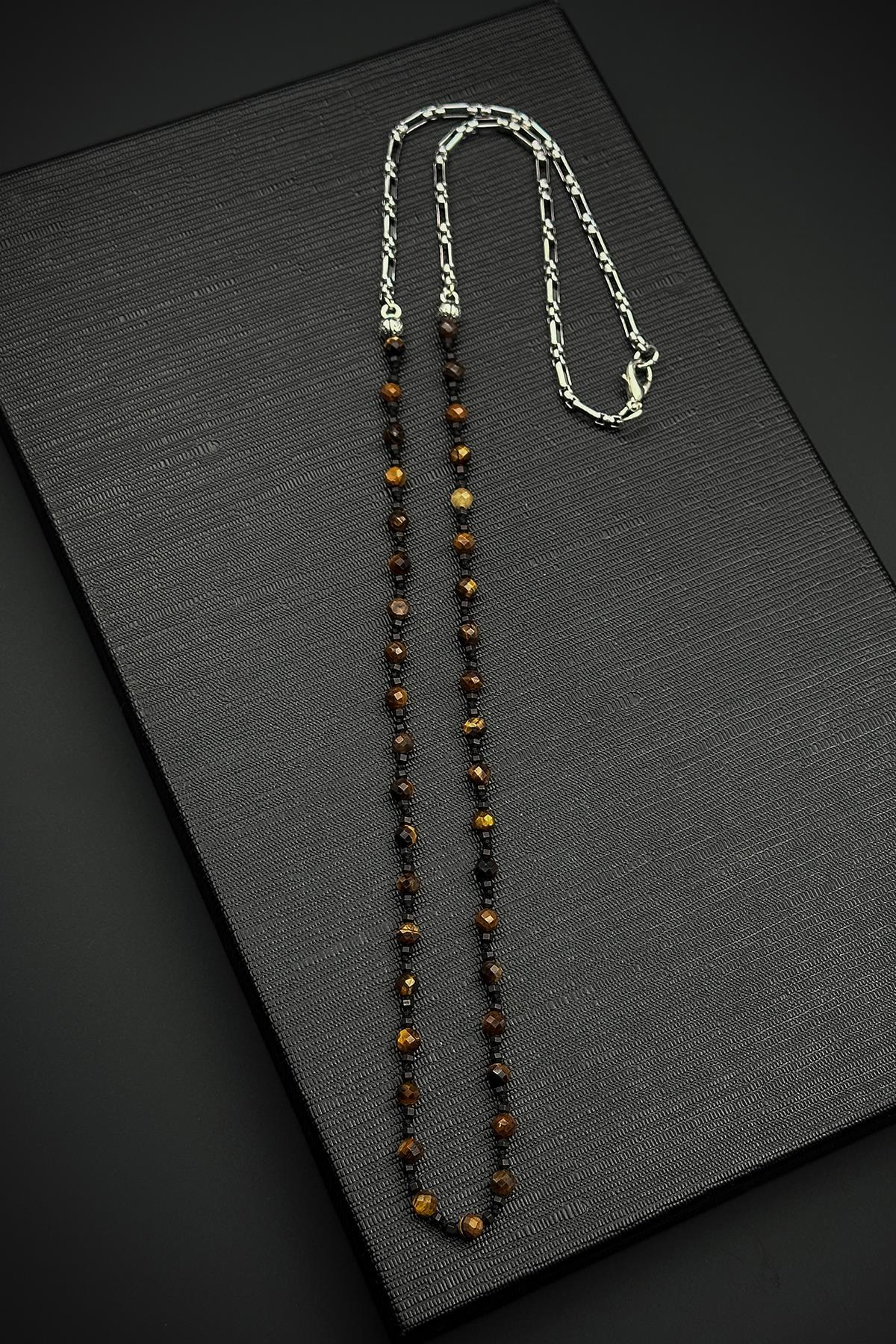 FRNCH 316L Çelik ve Kaplan Gözü Doğal Taşlı Kahverengi Erkek Kolye FRJ30860-960-K