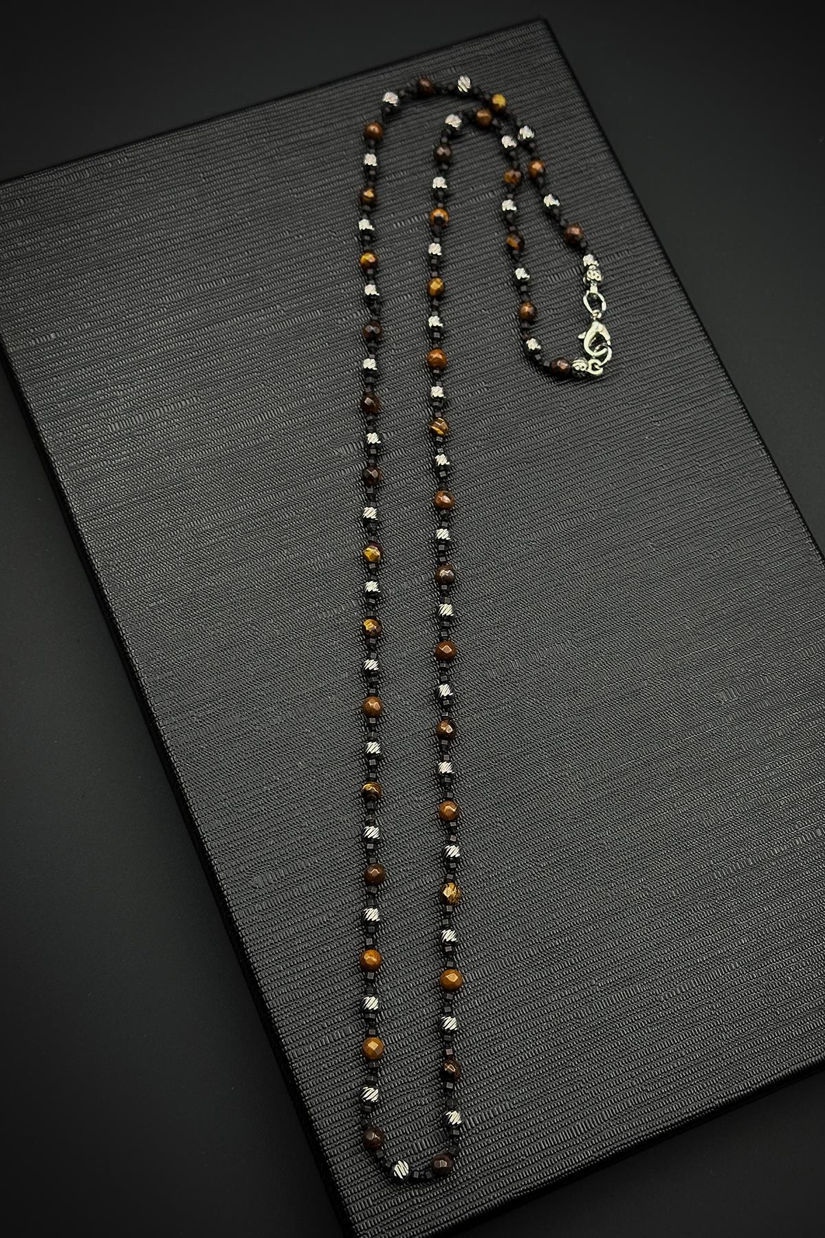 FRNCH 316L Çelik ve Kaplan Gözü Doğal Taşlı Kahverengi Erkek Kolye FRJ30897-997-K