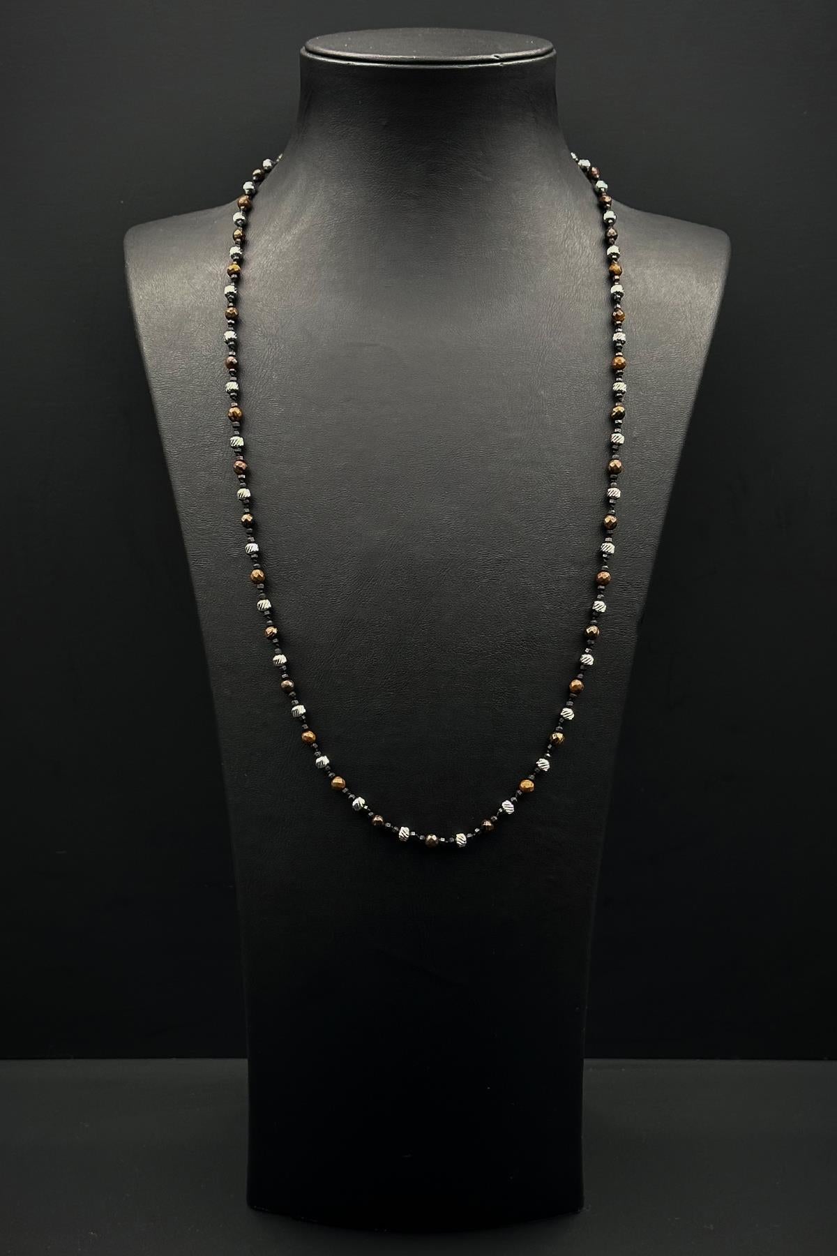 FRNCH 316L Çelik ve Kaplan Gözü Doğal Taşlı Kahverengi Erkek Kolye FRJ30897-997-K