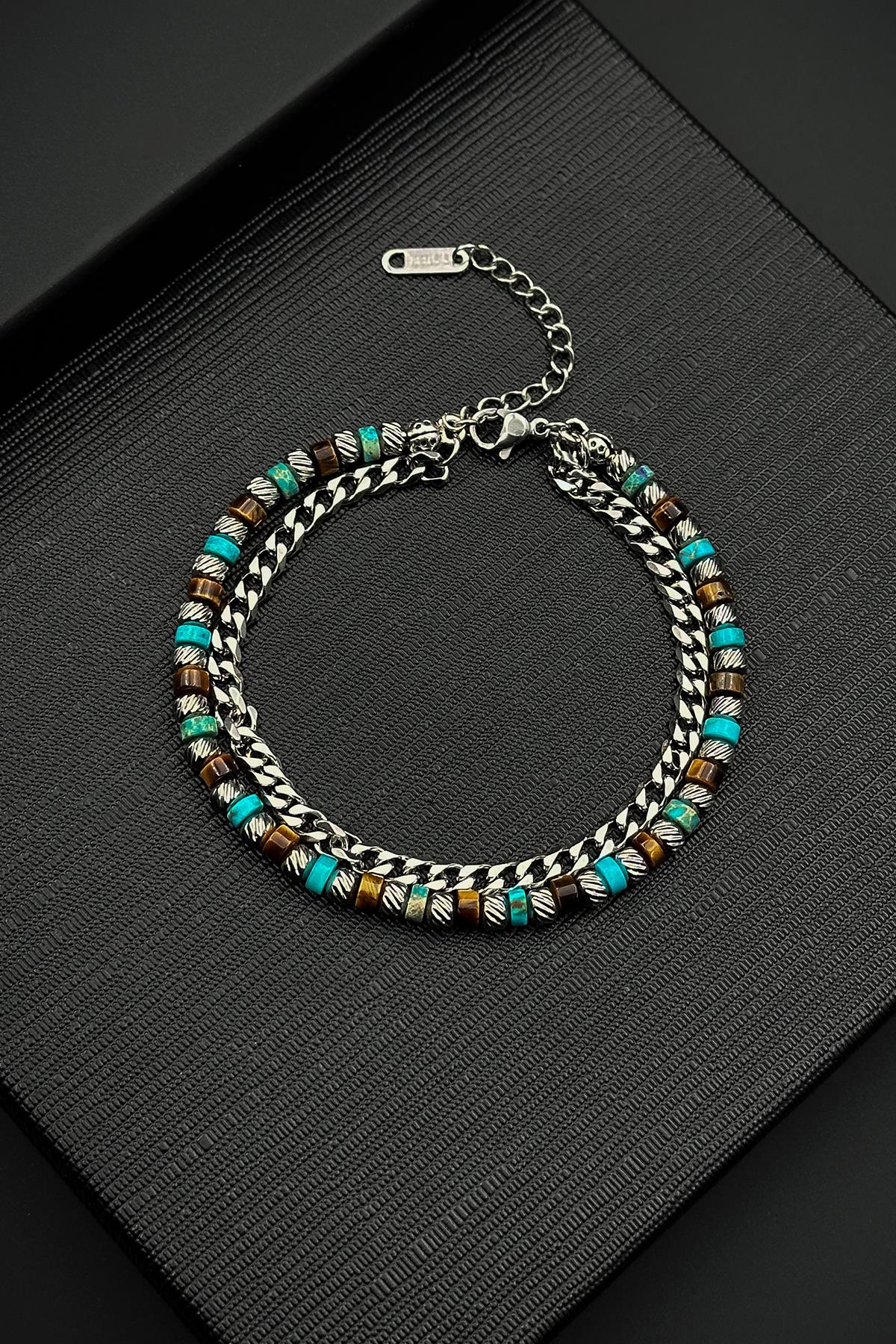 FRNCH 316L Çelik ve Kaplan Gözü/Turkuaz Doğal Taşlı Kahverengi-Turkuaz Renk Erkek Bileklik FRJ12527-3527-MK