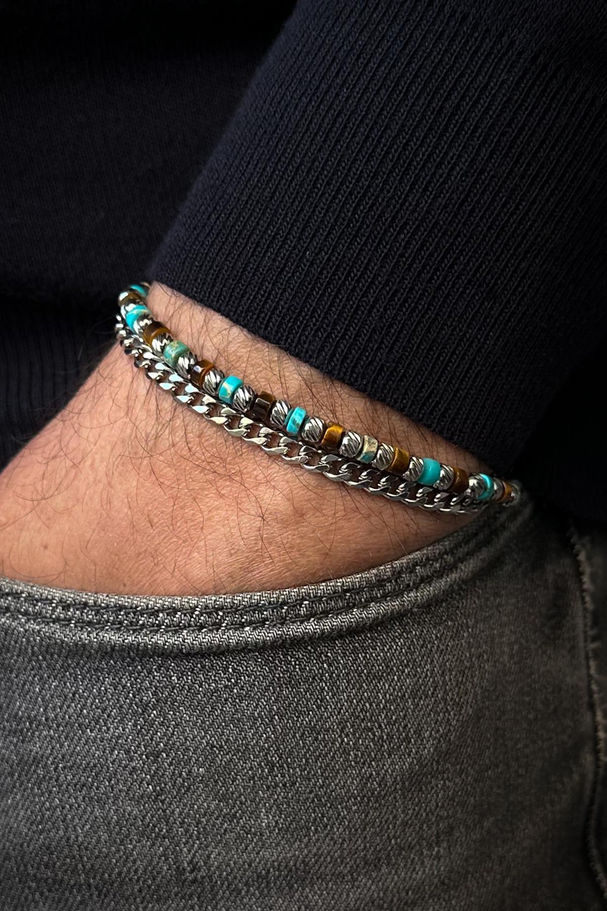 FRNCH 316L Çelik ve Kaplan Gözü/Turkuaz Doğal Taşlı Kahverengi-Turkuaz Renk Erkek Bileklik FRJ12527-3527-MK