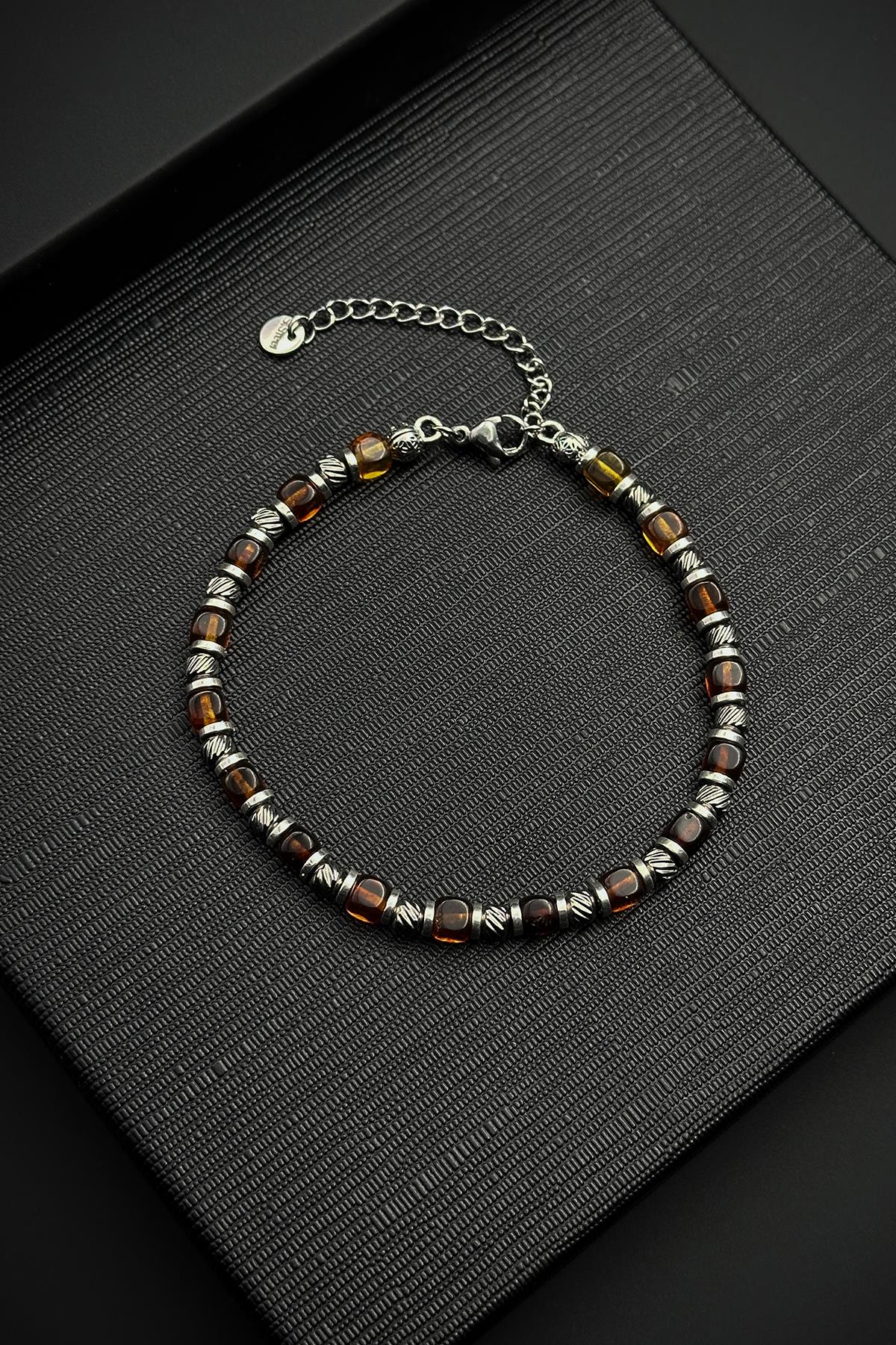 FRNCH 316L Çelik ve Kehribar Doğal Taşlı Kahverengi Erkek Bileklik FRJ12458-3458-K