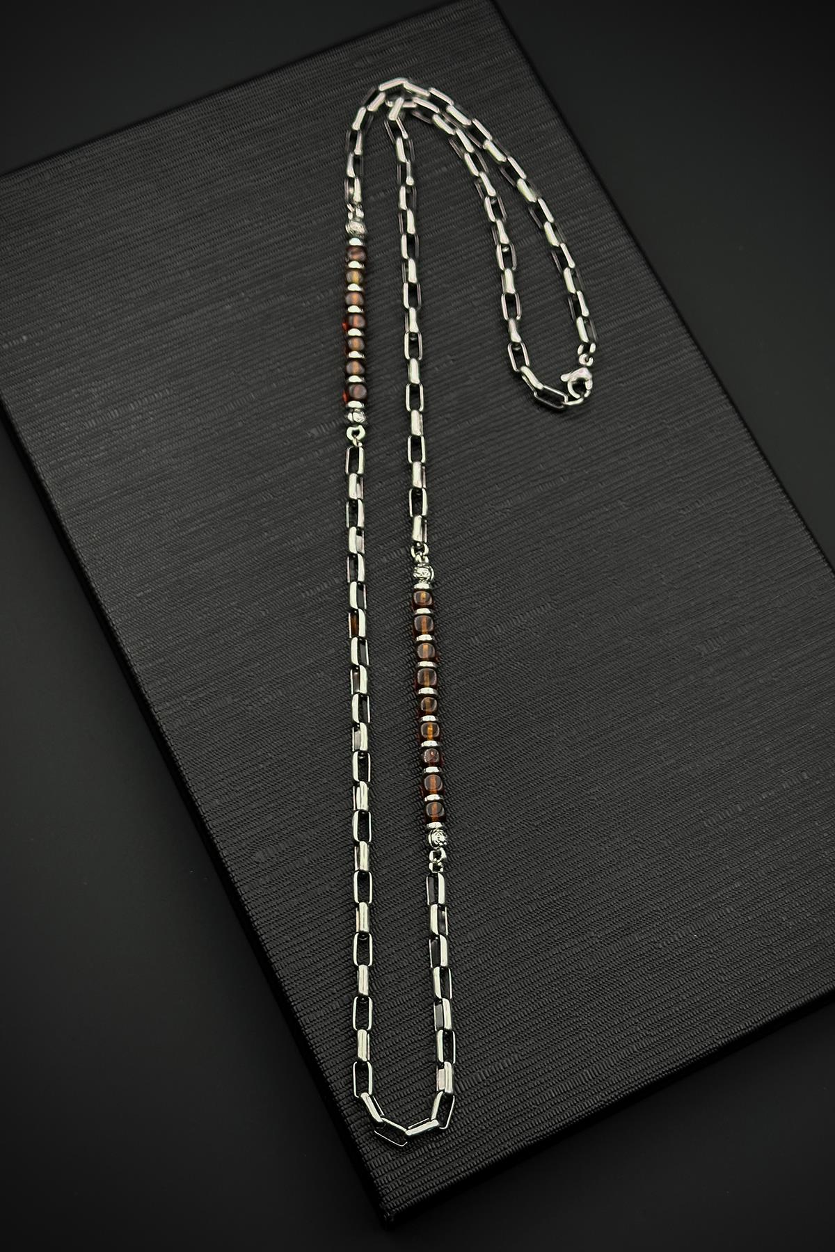 FRNCH 316L Çelik ve Kehribar Doğal Taşlı Kahverengi Erkek Kolye FRJ30834-934-K