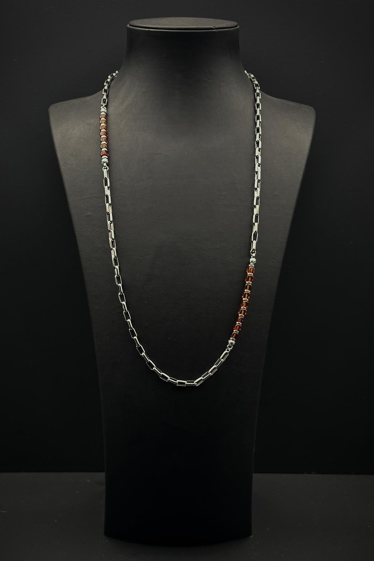 FRNCH 316L Çelik ve Kehribar Doğal Taşlı Kahverengi Erkek Kolye FRJ30834-934-K