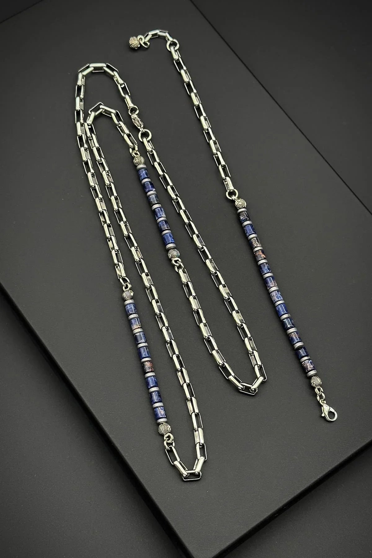 FRNCH 316L Çelik ve Lapis Doğal Taşlı Lacivert Erkek Bileklik/Kolye Set FRJ40147-247-L