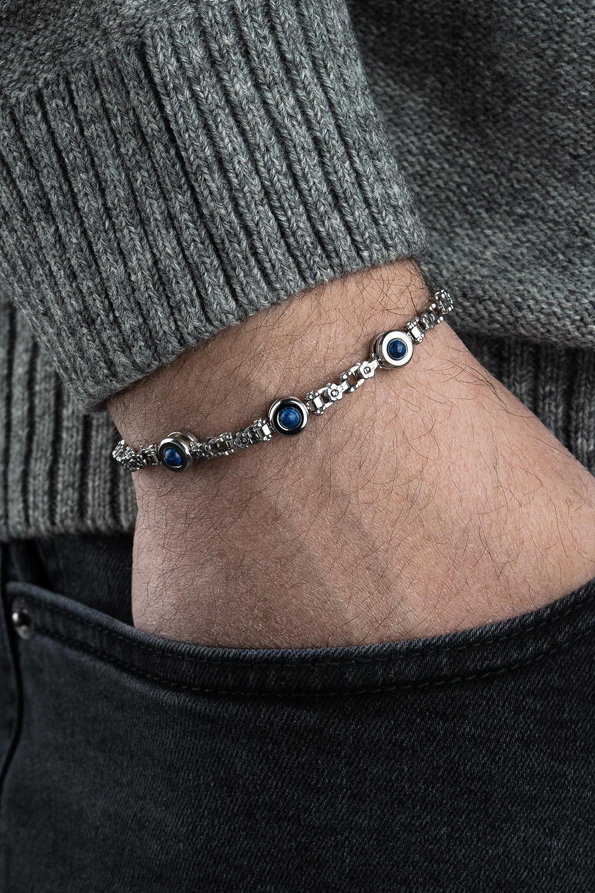 FRNCH 316L Çelik ve Lapis Lazuli Doğal Taşlı Gümüş-Lacivert Renk Erkek Bileklik FRJ12796-3796-AL