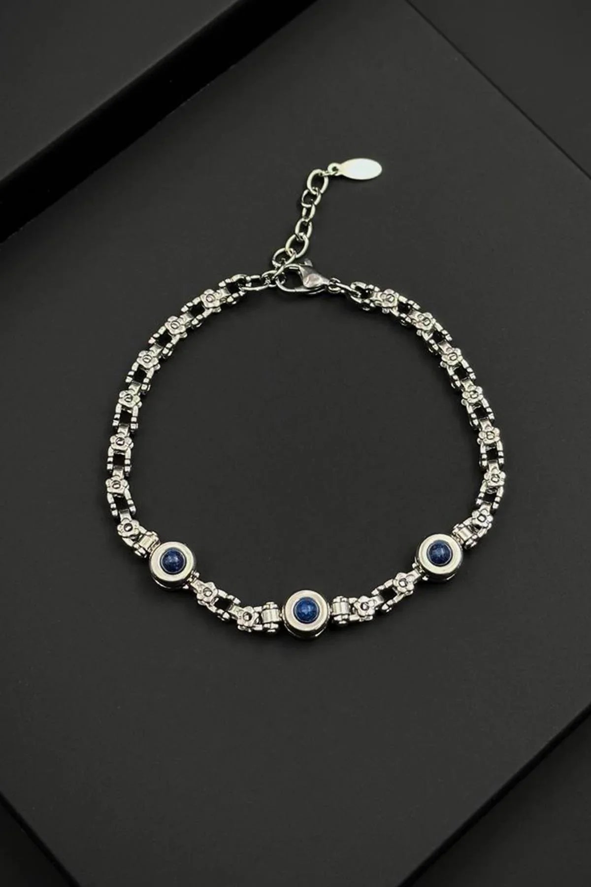 FRNCH 316L Çelik ve Lapis Lazuli Doğal Taşlı Gümüş-Lacivert Renk Erkek Bileklik FRJ12796-3796-AL