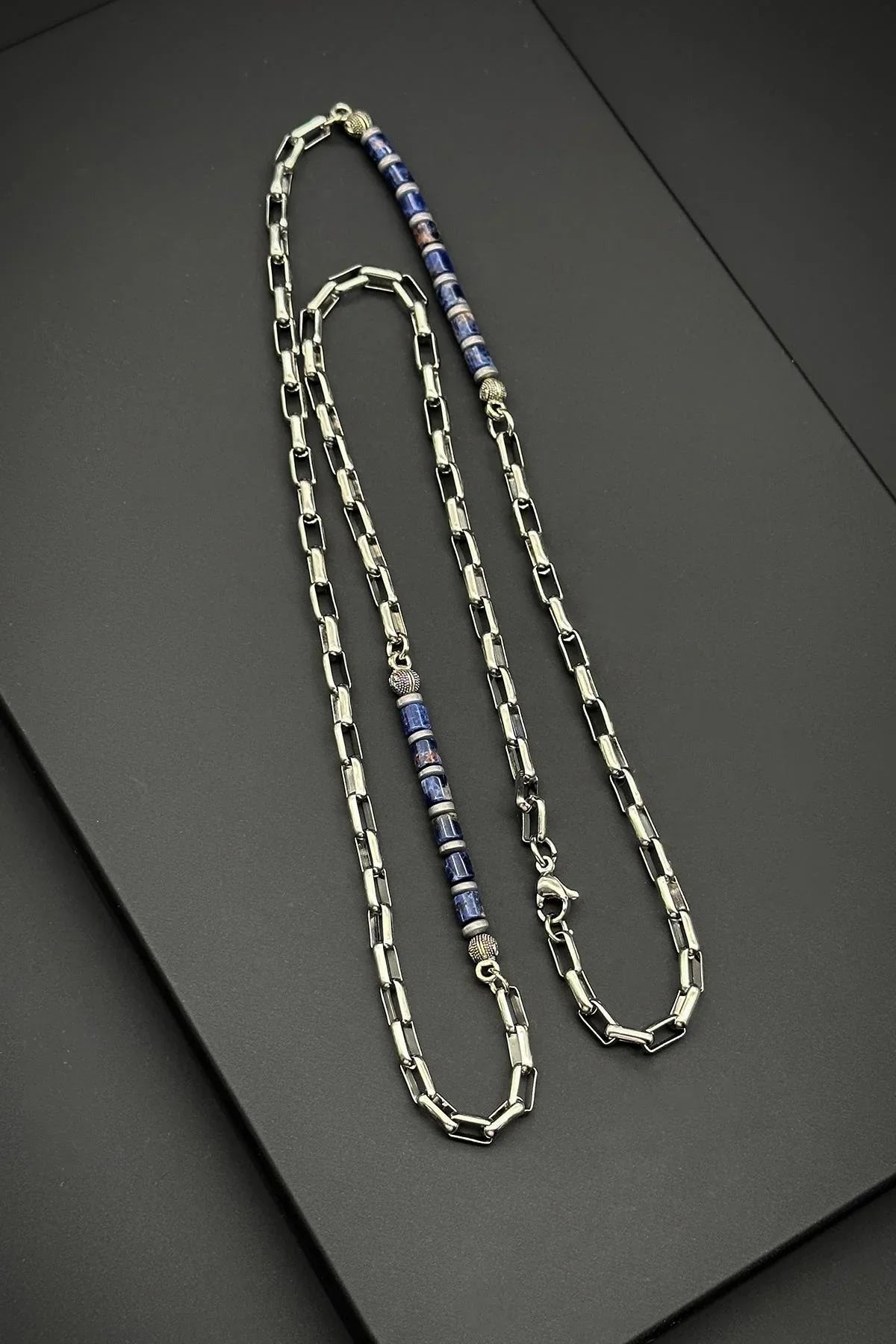 FRNCH 316L Çelik ve Lapis Lazuli Doğal Taşlı Lacivert Erkek Kolye FRJ30638-738-L